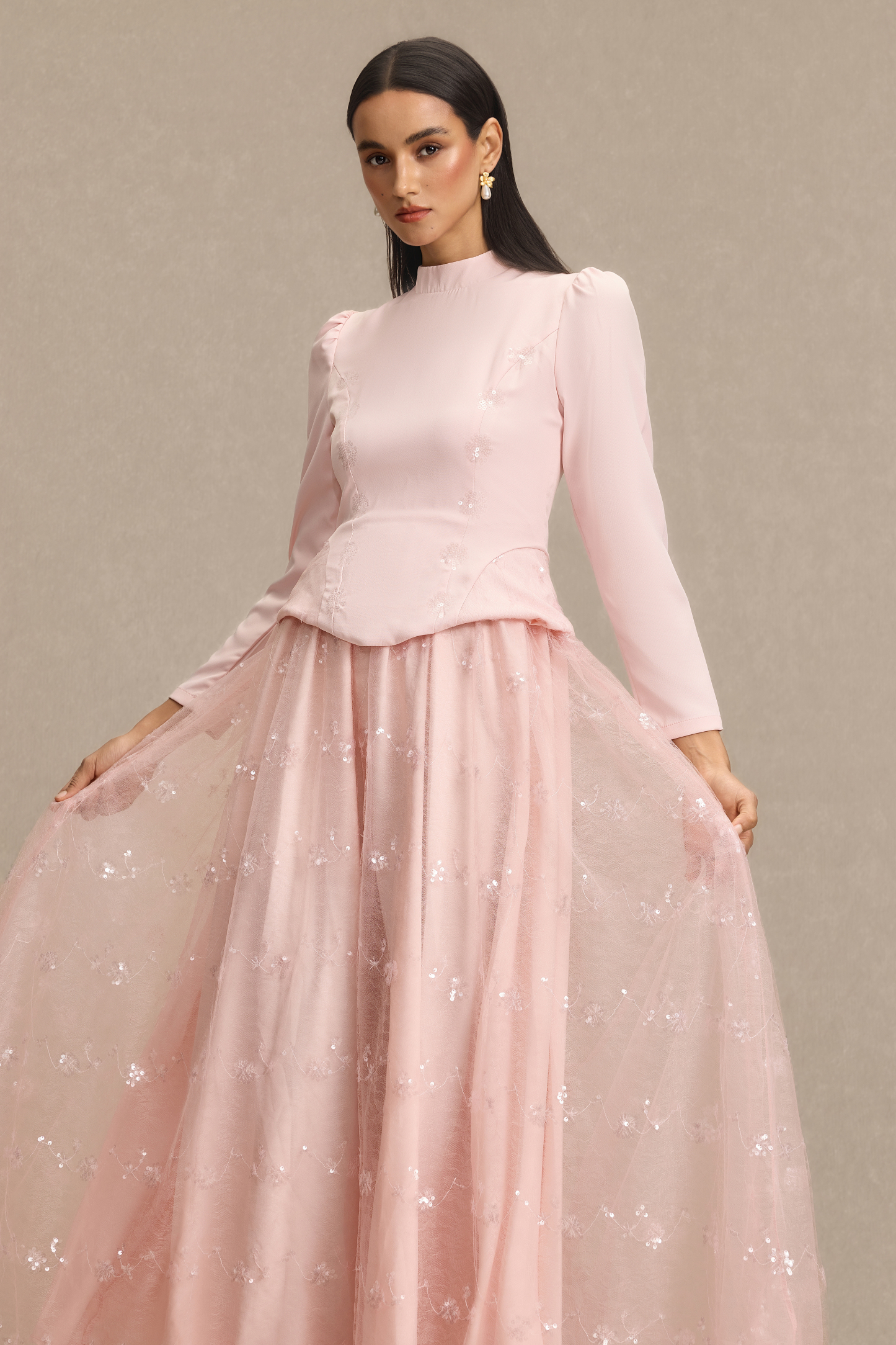 Stand Collar Sequin Embroidered Midi Dress