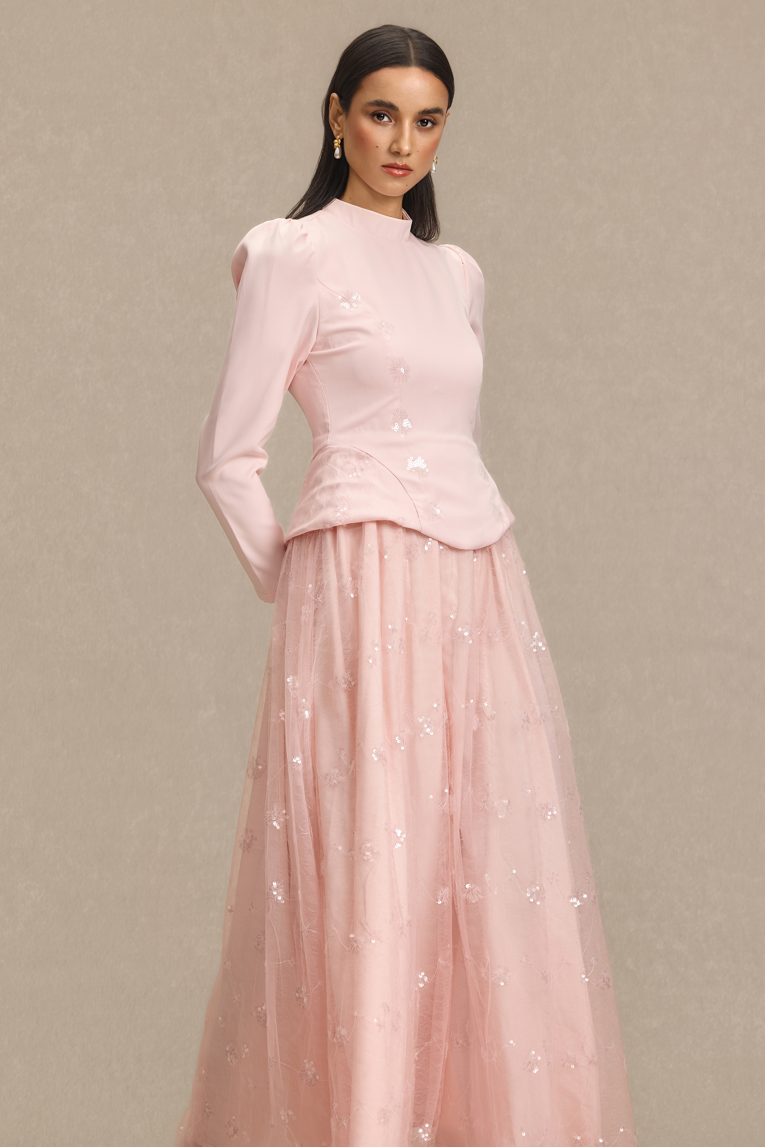 Stand Collar Sequin Embroidered Midi Dress