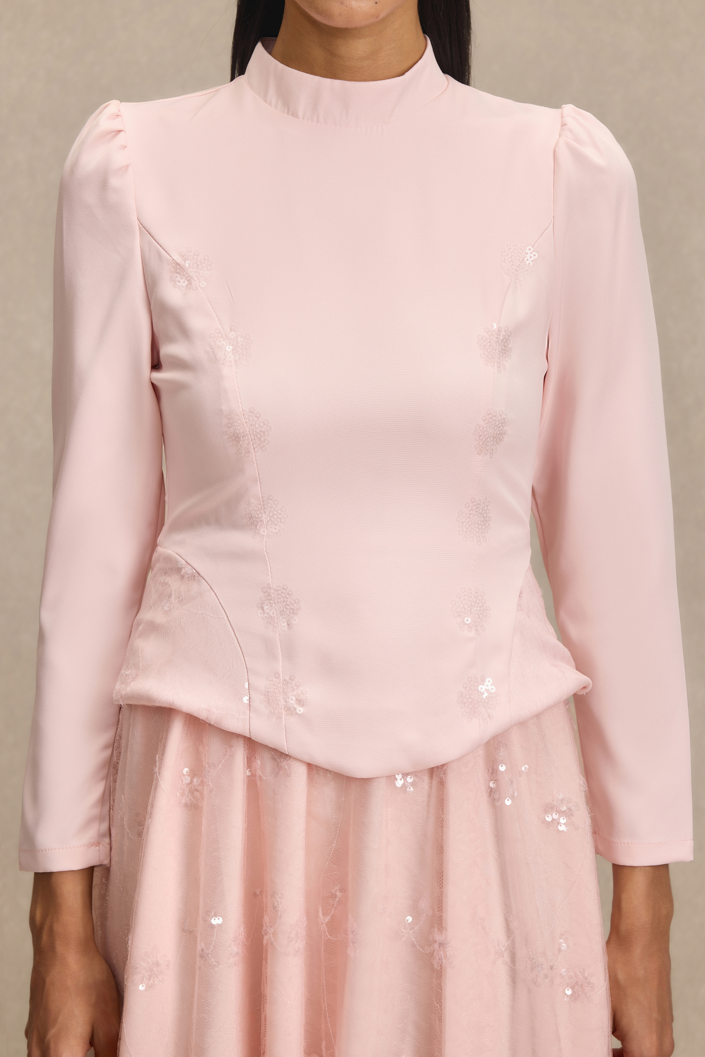 Stand Collar Sequin Embroidered Midi Dress