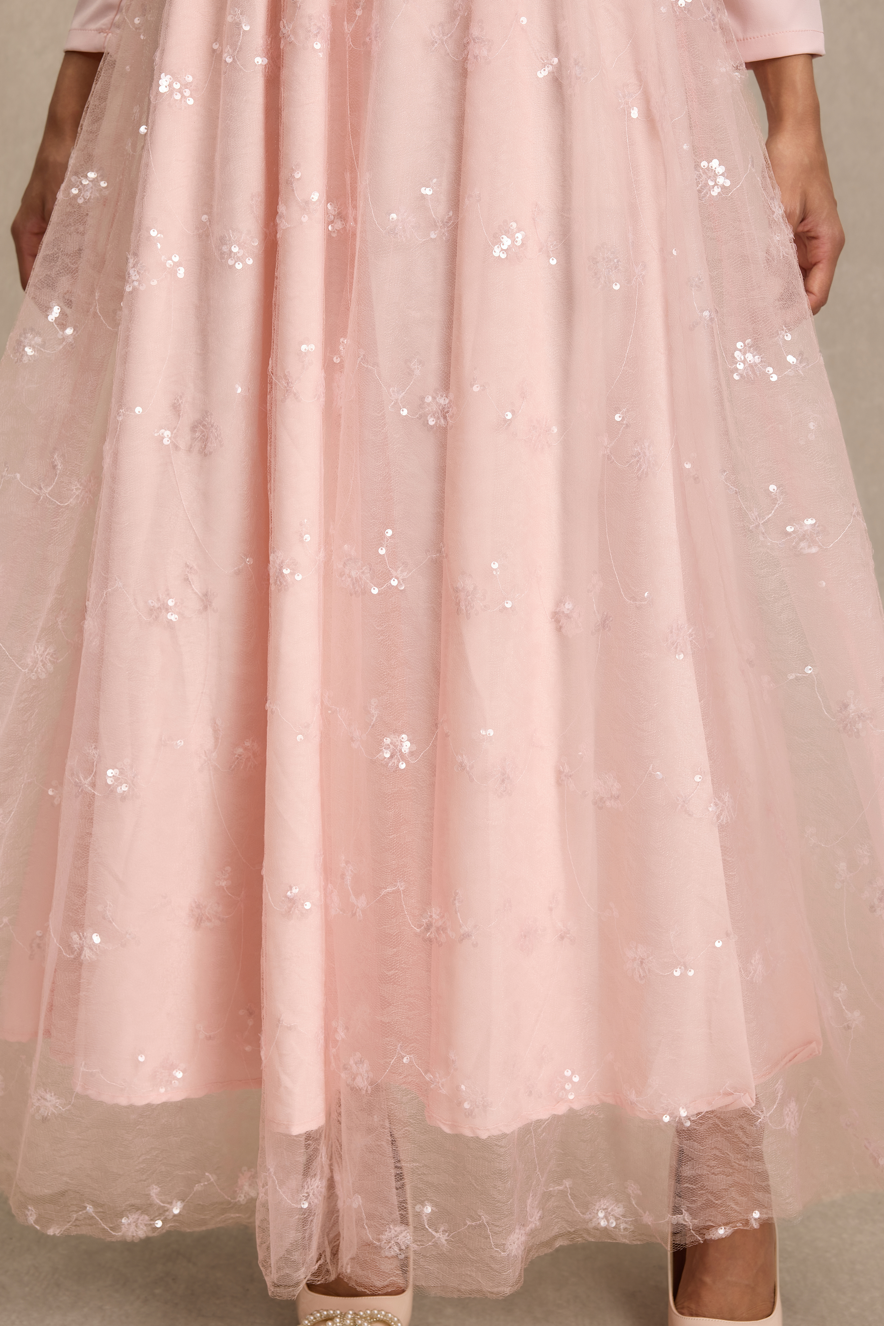 Stand Collar Sequin Embroidered Midi Dress