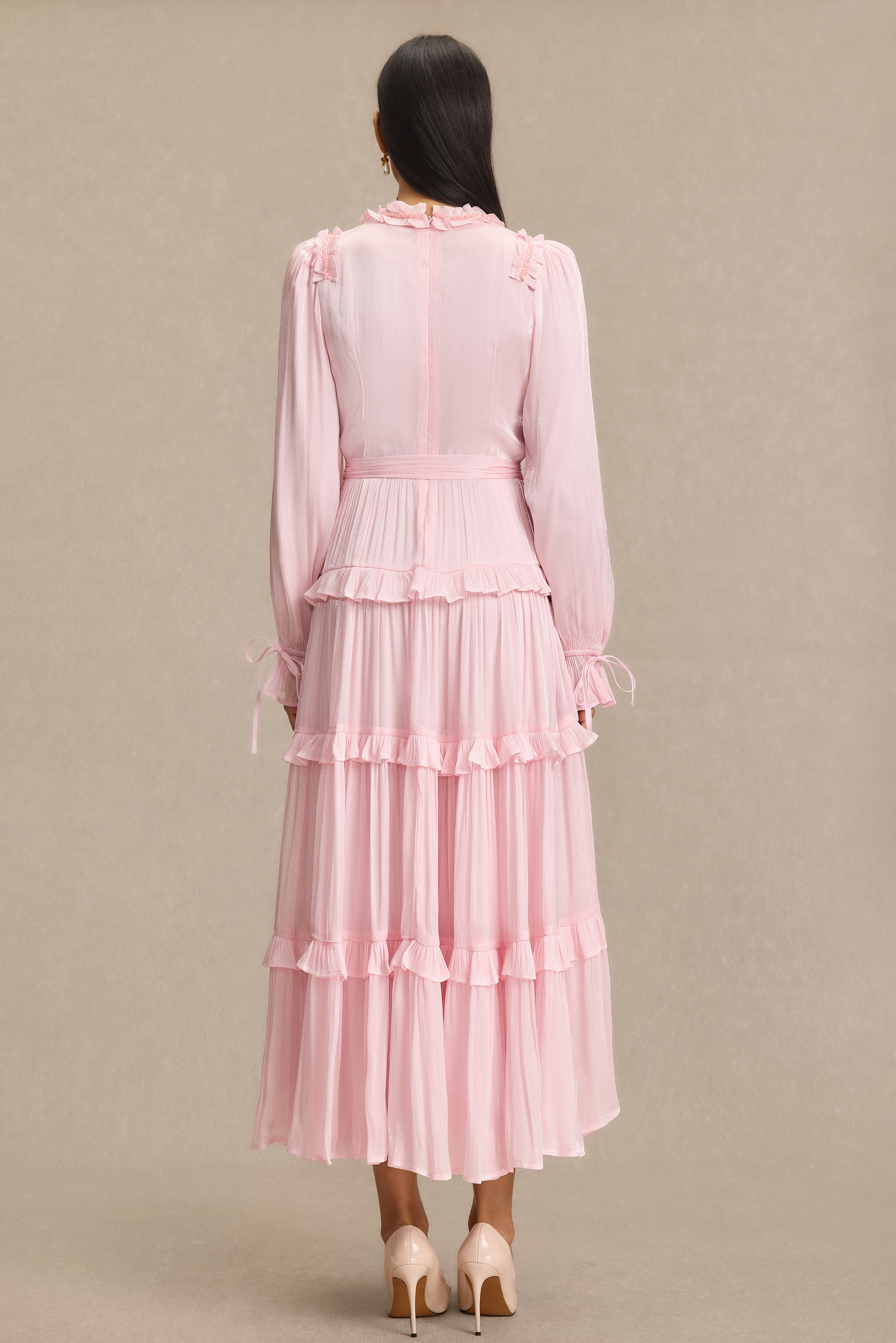 Beaded Frill Midi Dress With Belt