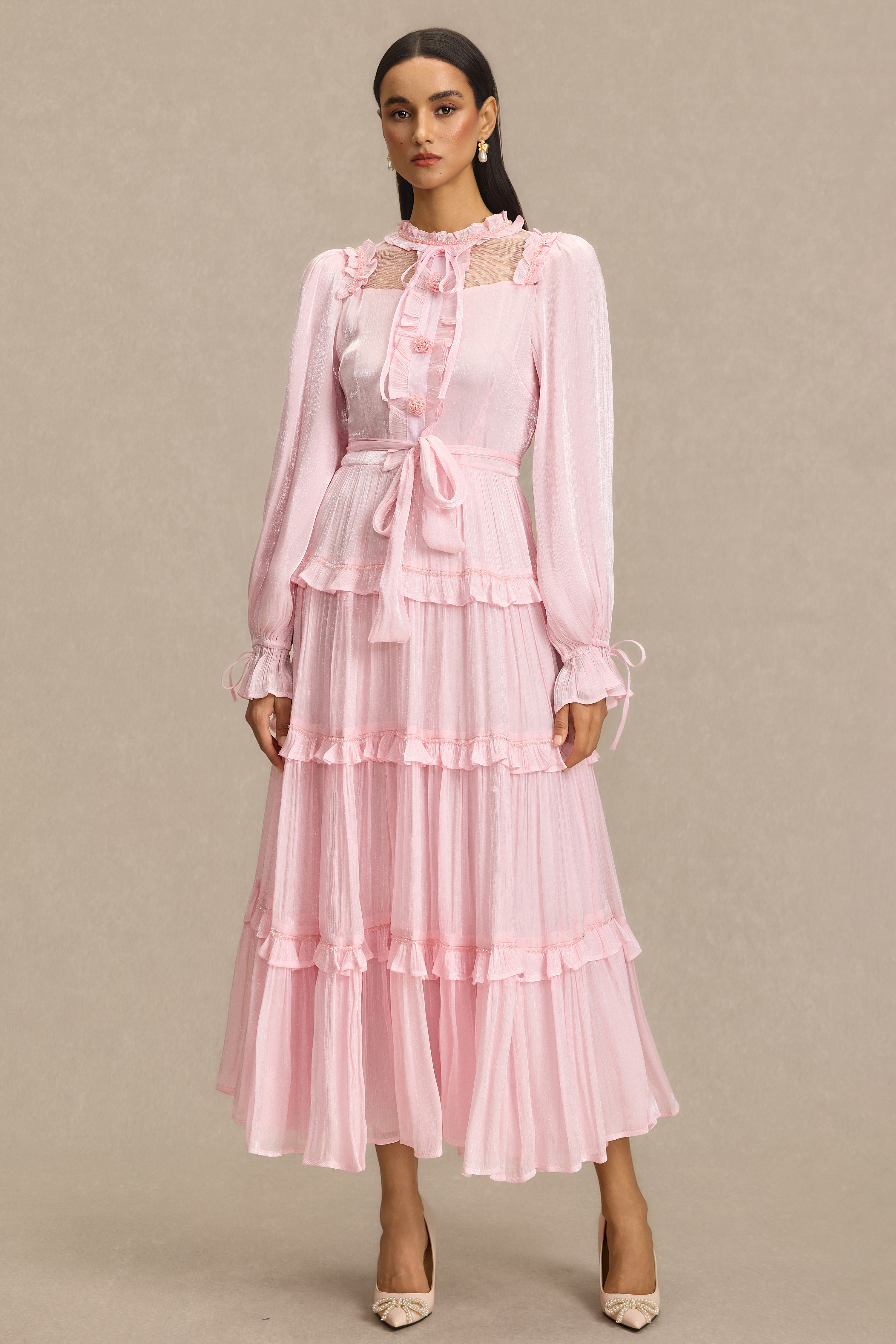 Beaded Frill Midi Dress With Belt – JardinVue