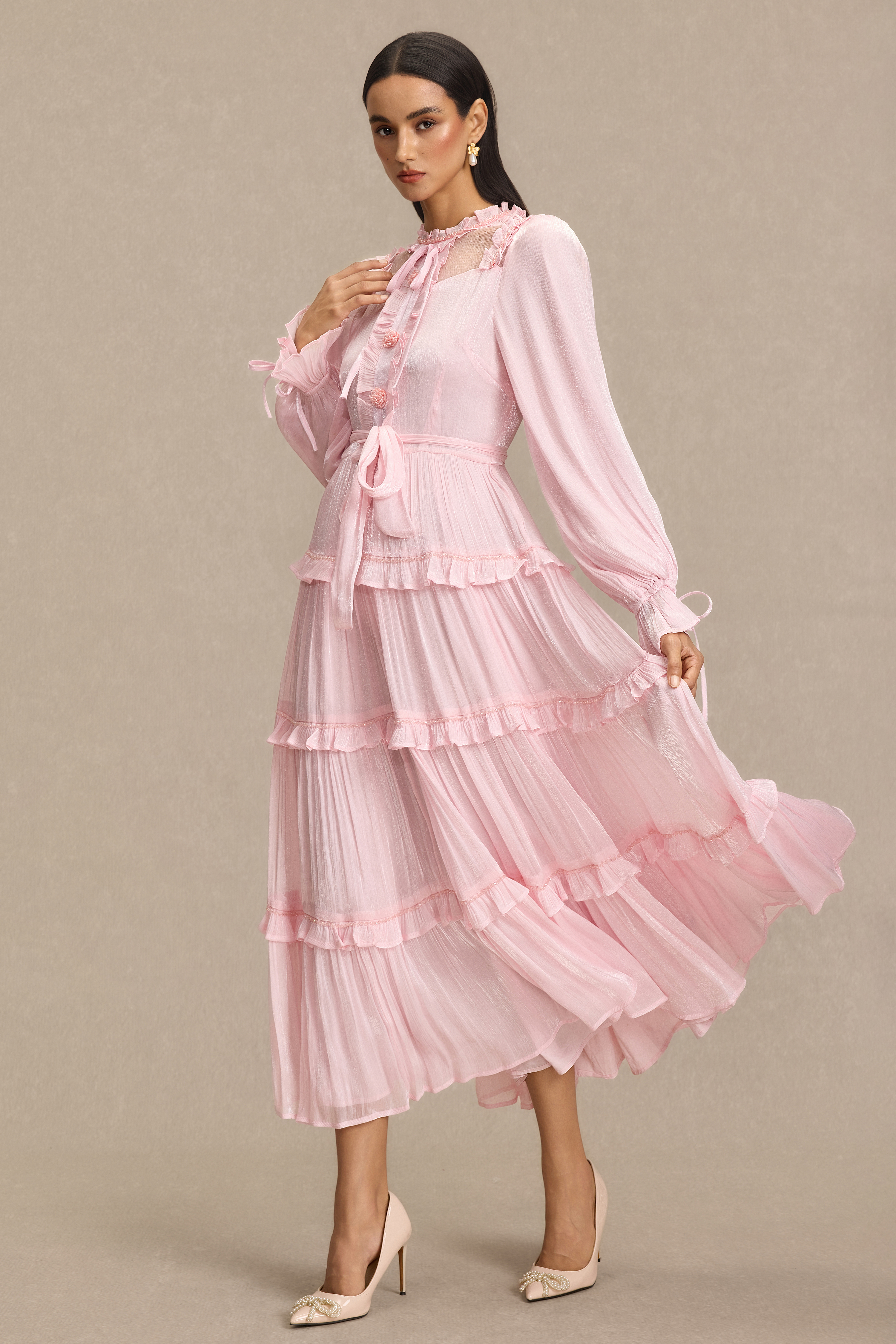 Beaded Frill Midi Dress With Belt