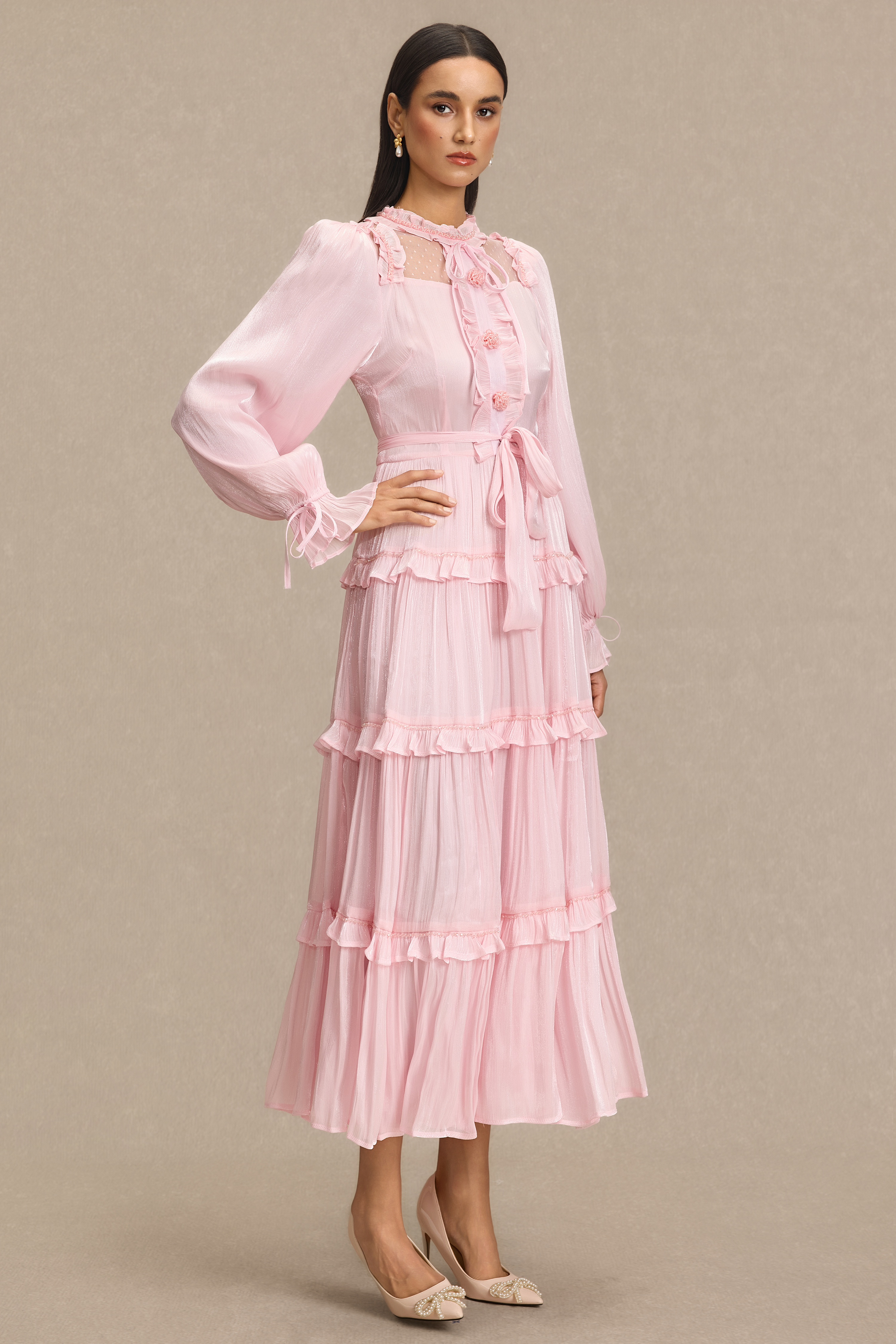 Beaded Frill Midi Dress With Belt