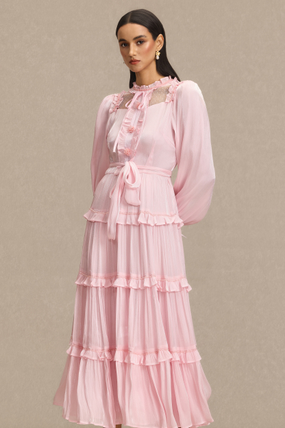 Beaded Frill Midi Dress With Belt