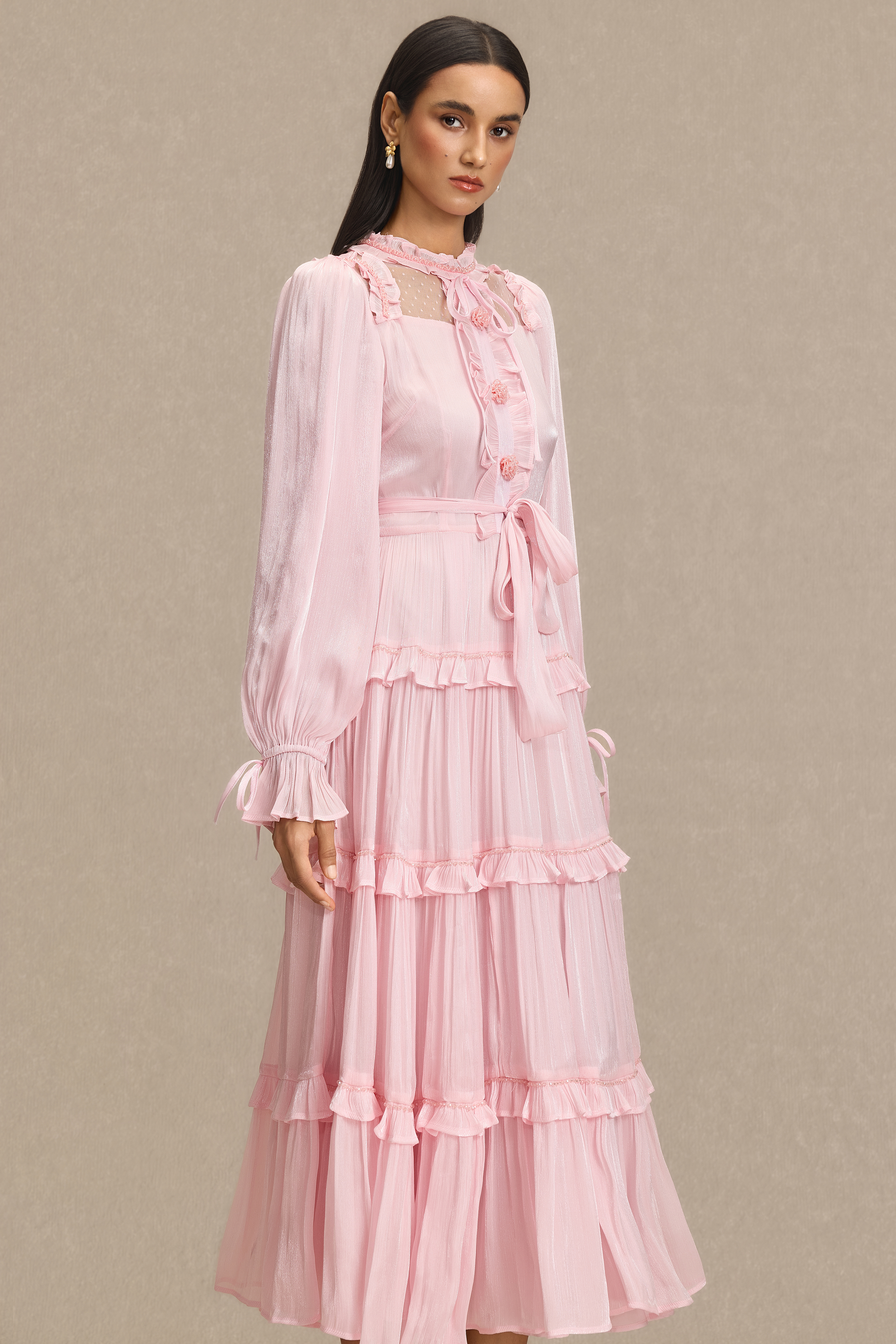 Beaded Frill Midi Dress With Belt