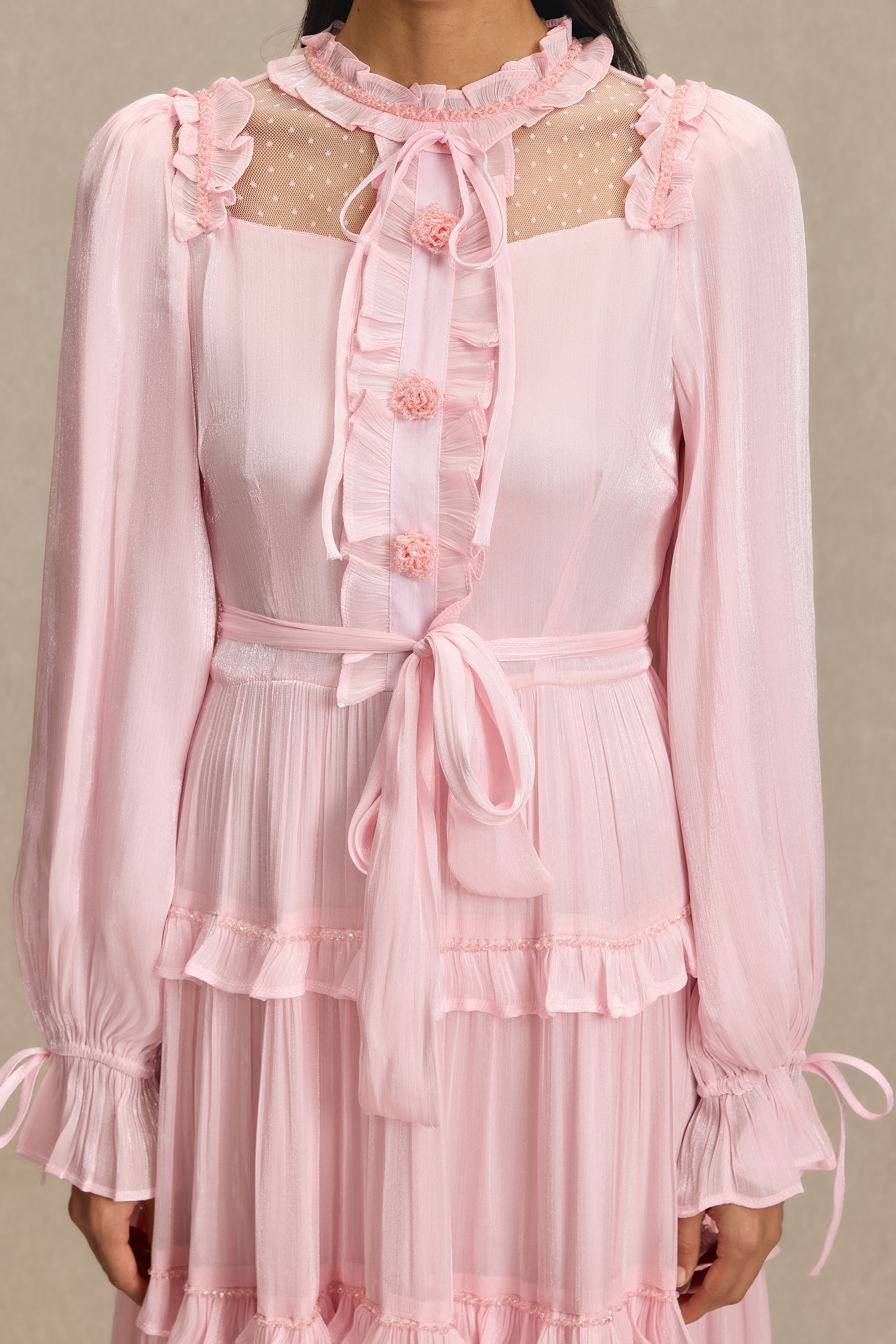 Beaded Frill Midi Dress With Belt