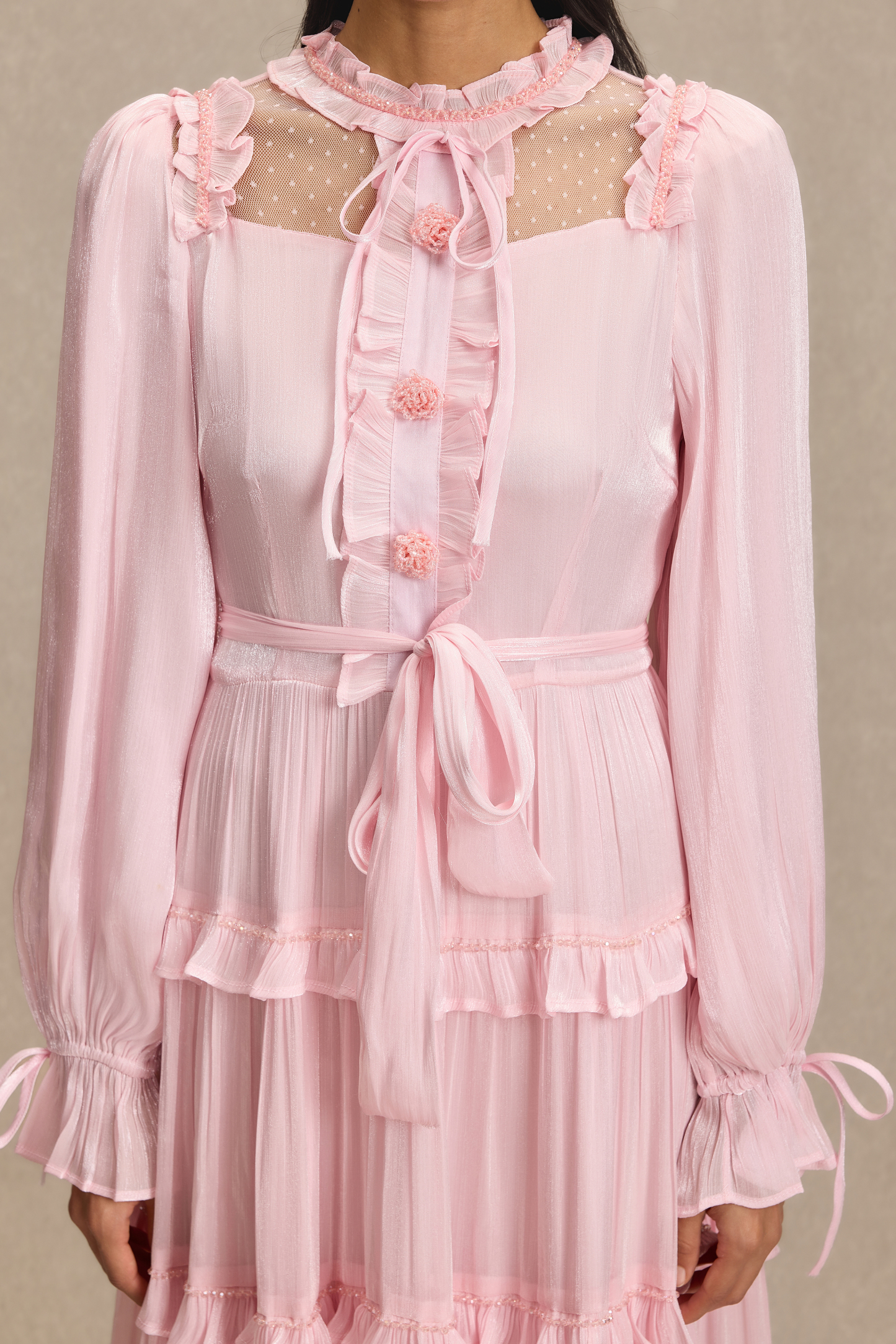 Beaded Frill Midi Dress With Belt