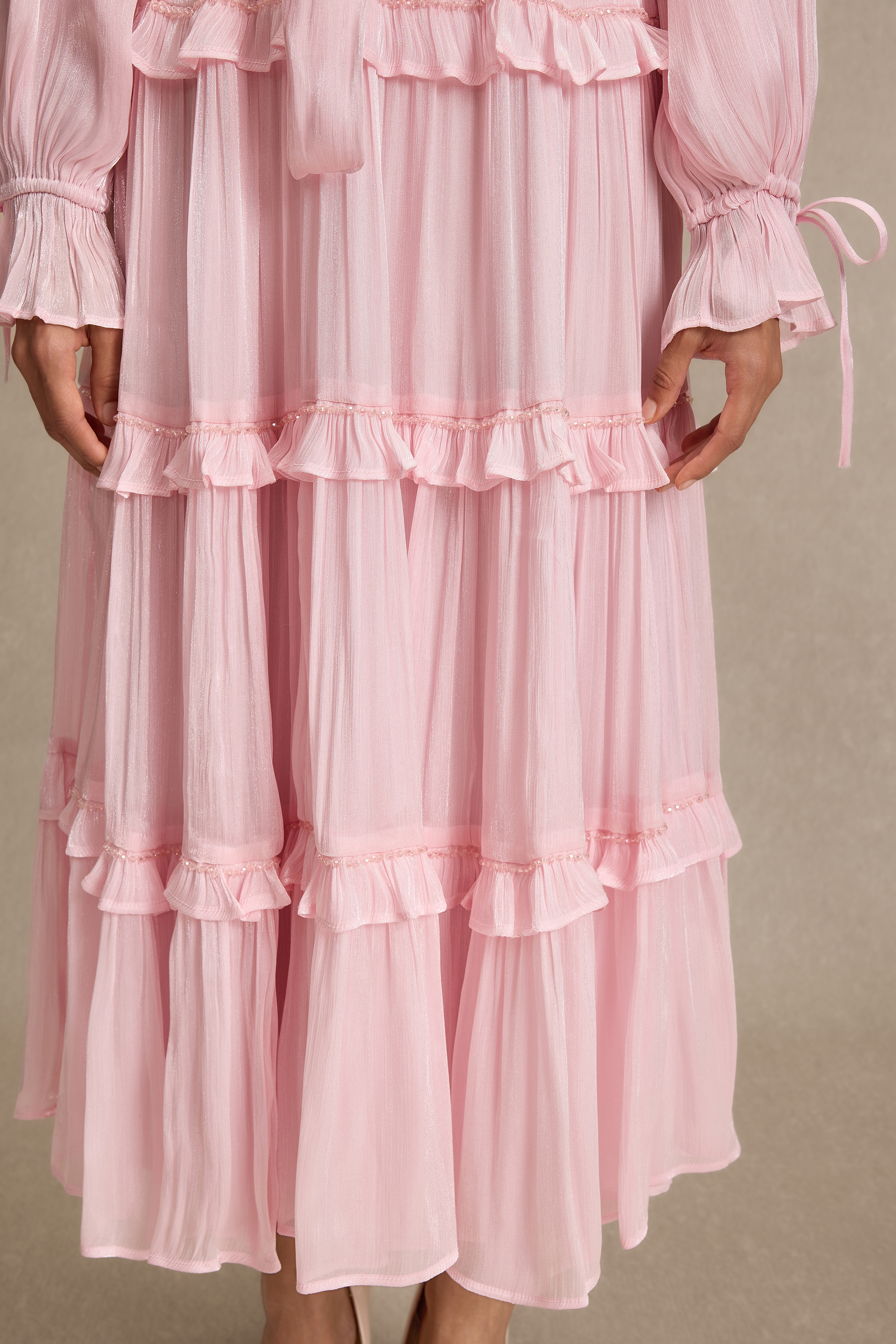 Beaded Frill Midi Dress With Belt