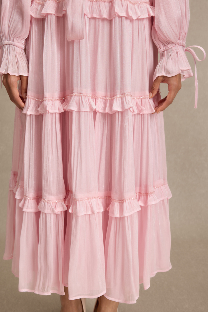 Beaded Frill Midi Dress With Belt