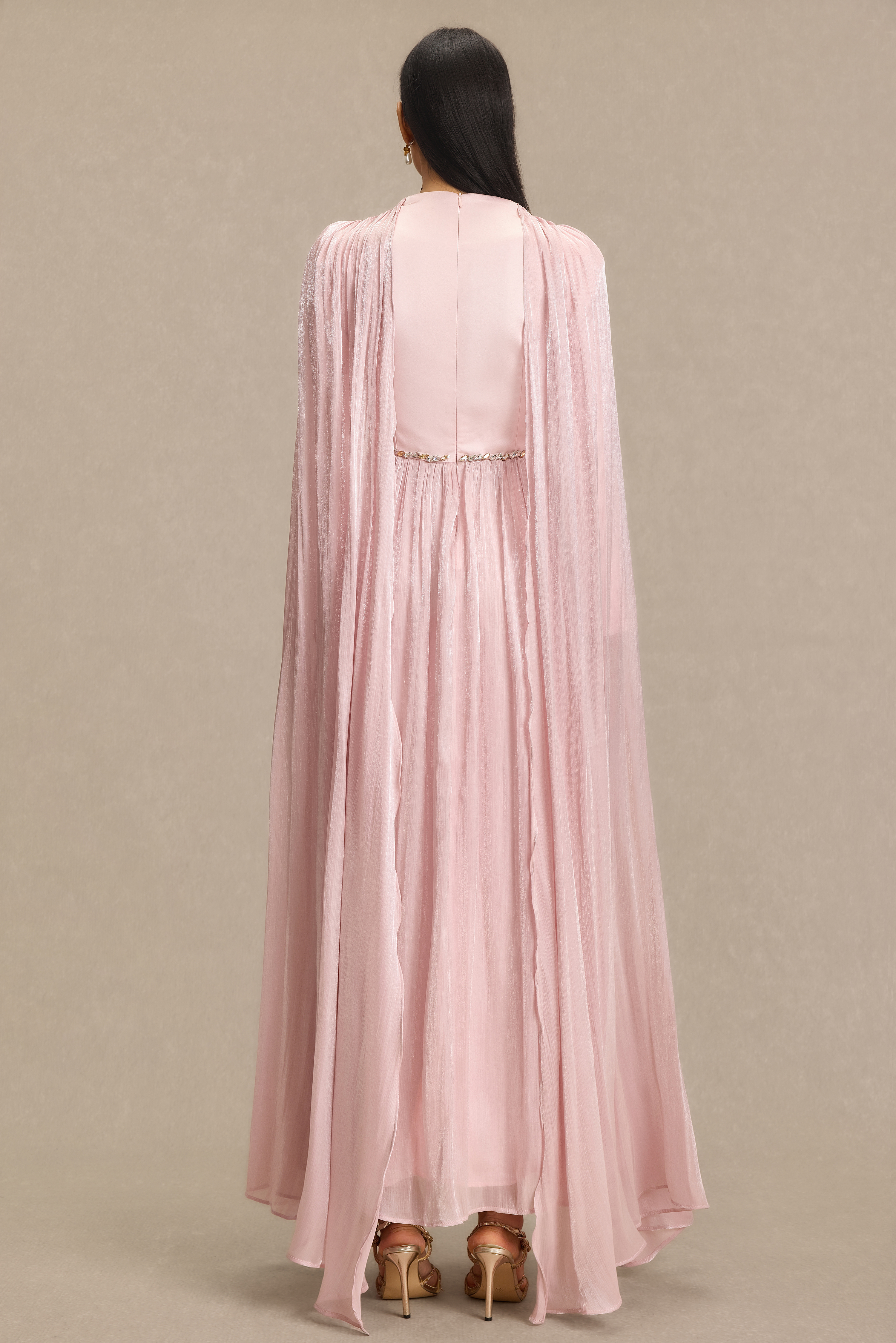 V-Neck Rhinestone Cape Sleeve Maxi Dress