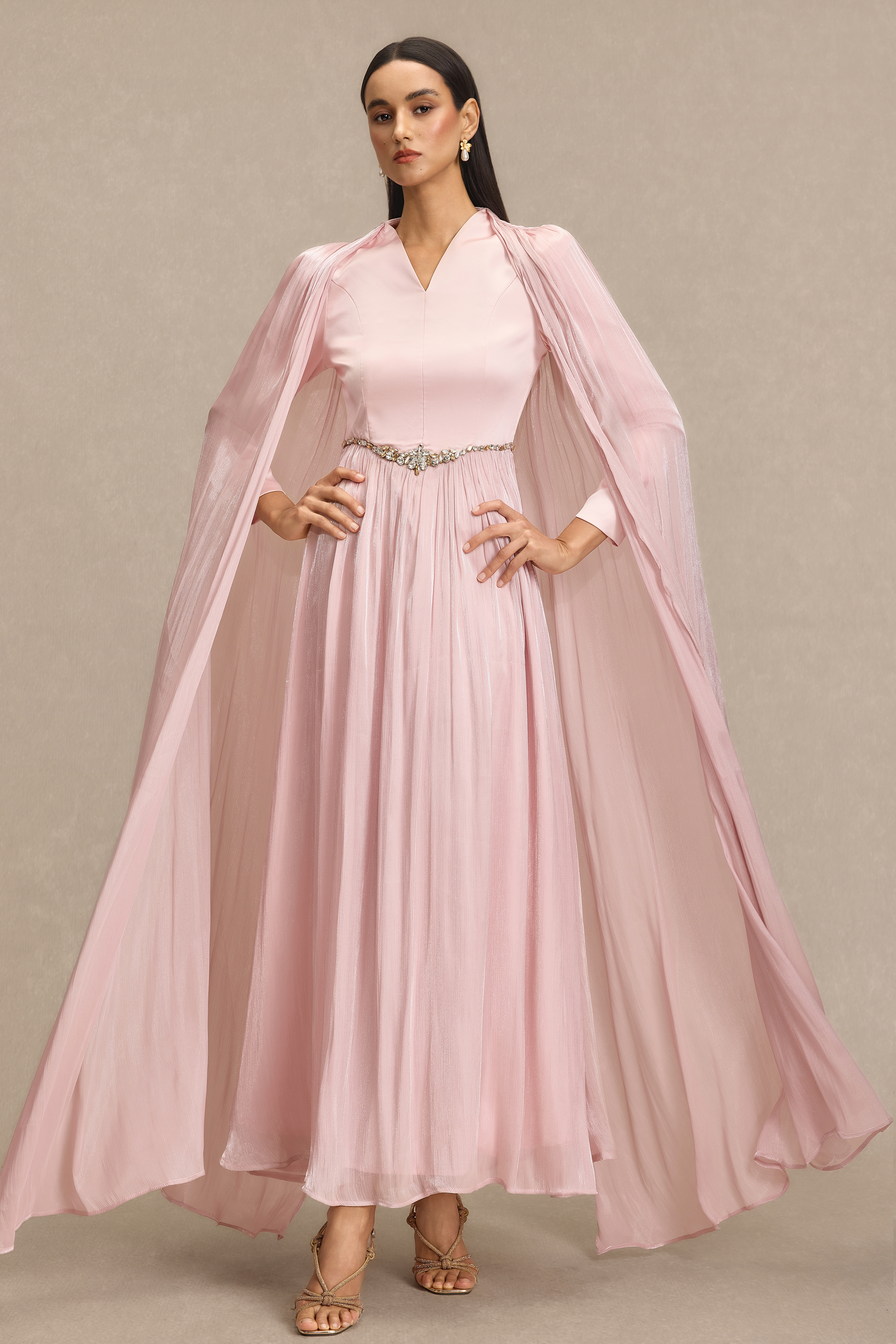 V-Neck Rhinestone Cape Sleeve Maxi Dress