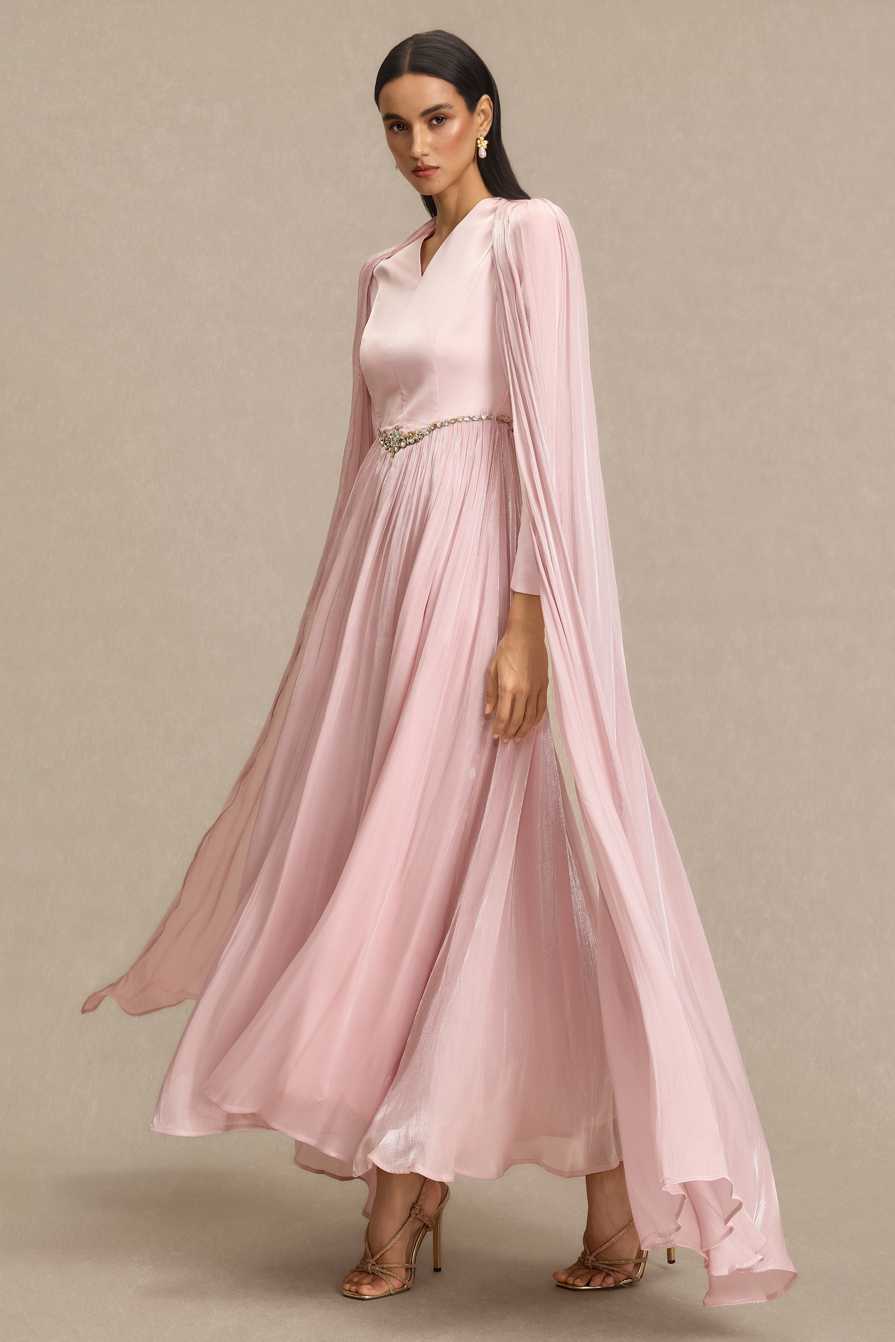 V-Neck Rhinestone Cape Sleeve Maxi Dress