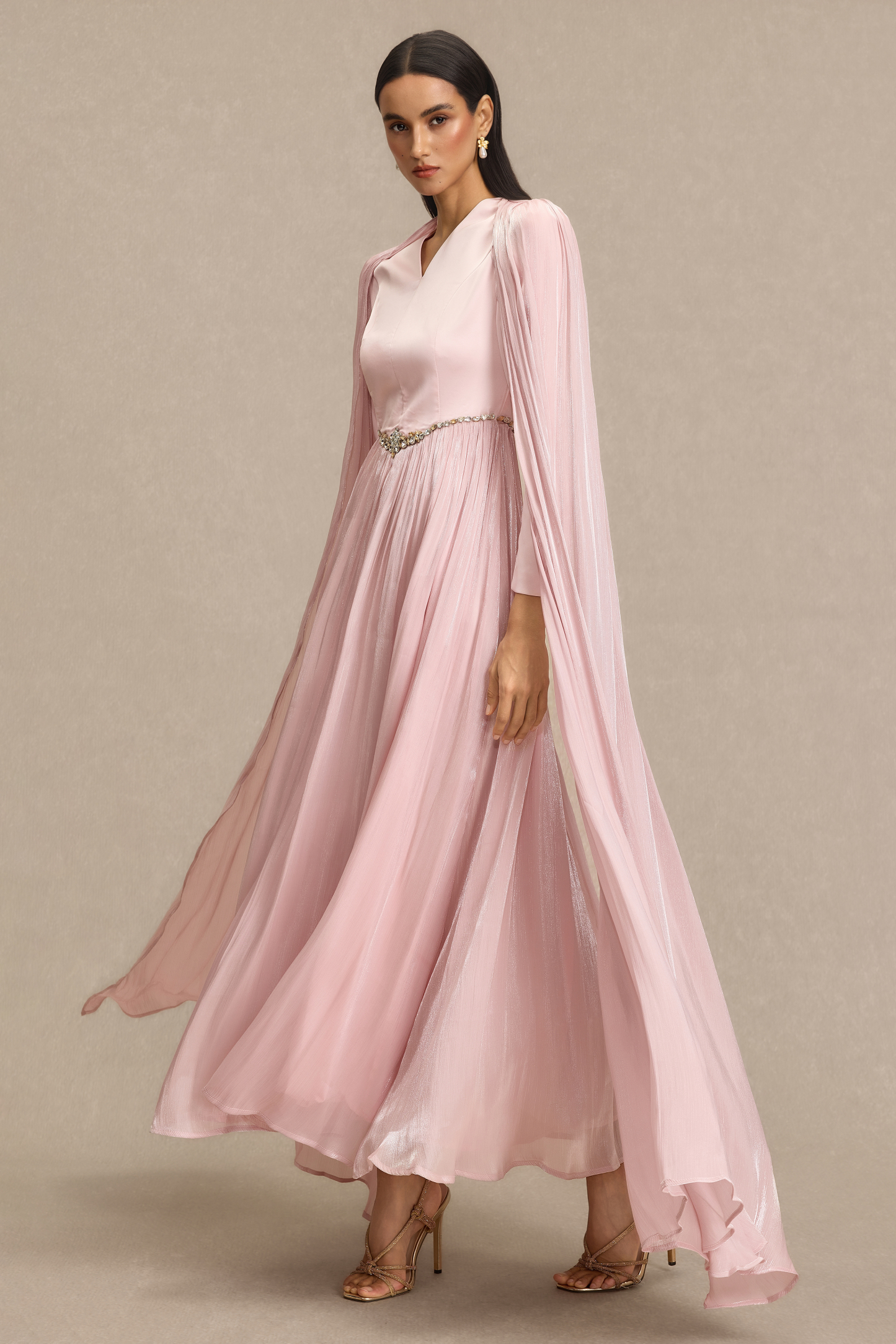 V-Neck Rhinestone Cape Sleeve Maxi Dress