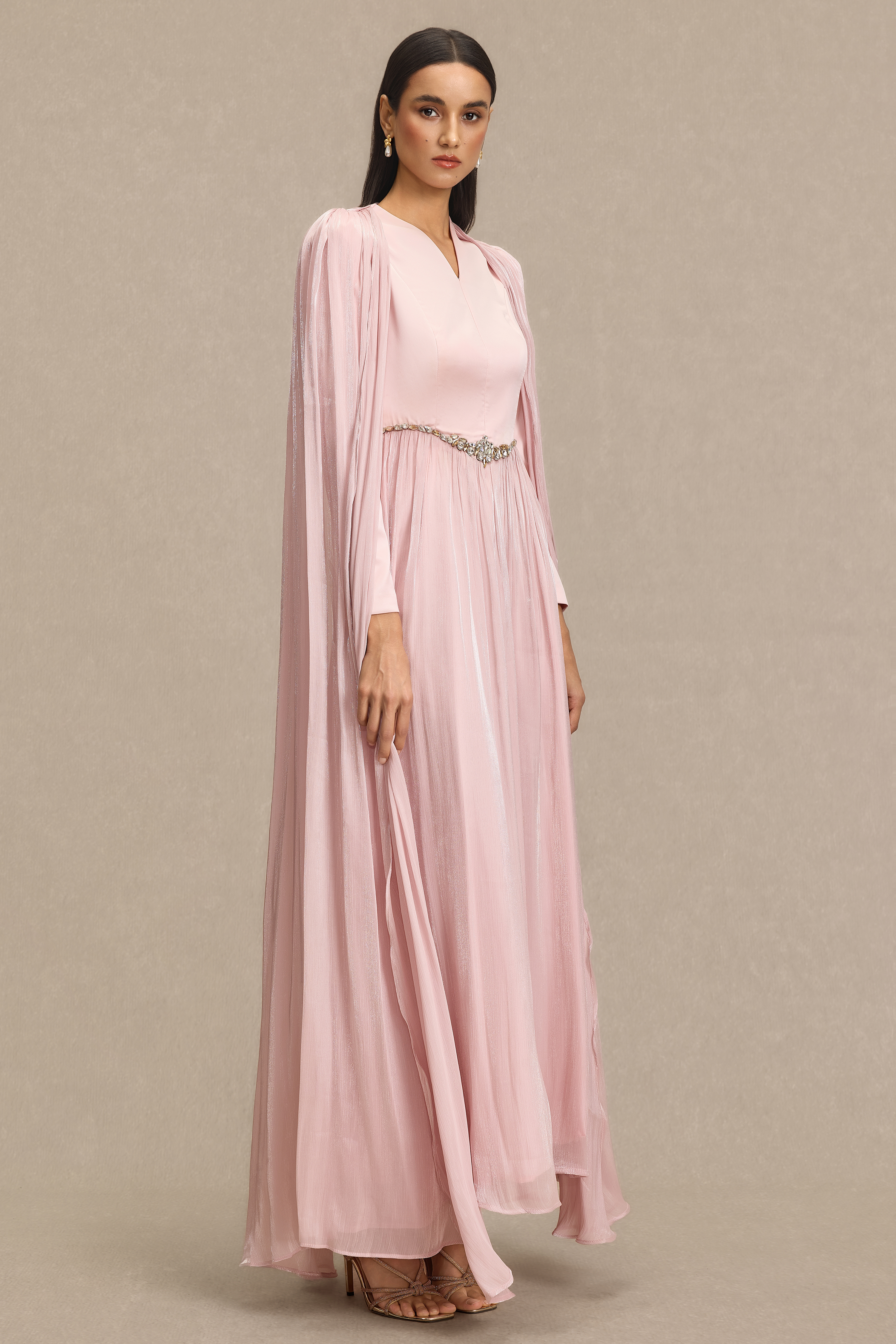 V-Neck Rhinestone Cape Sleeve Maxi Dress