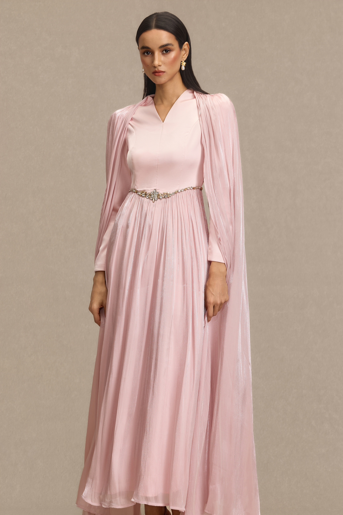 V-Neck Rhinestone Cape Sleeve Maxi Dress