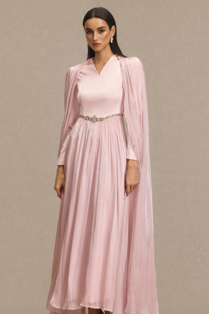 V-Neck Rhinestone Cape Sleeve Maxi Dress