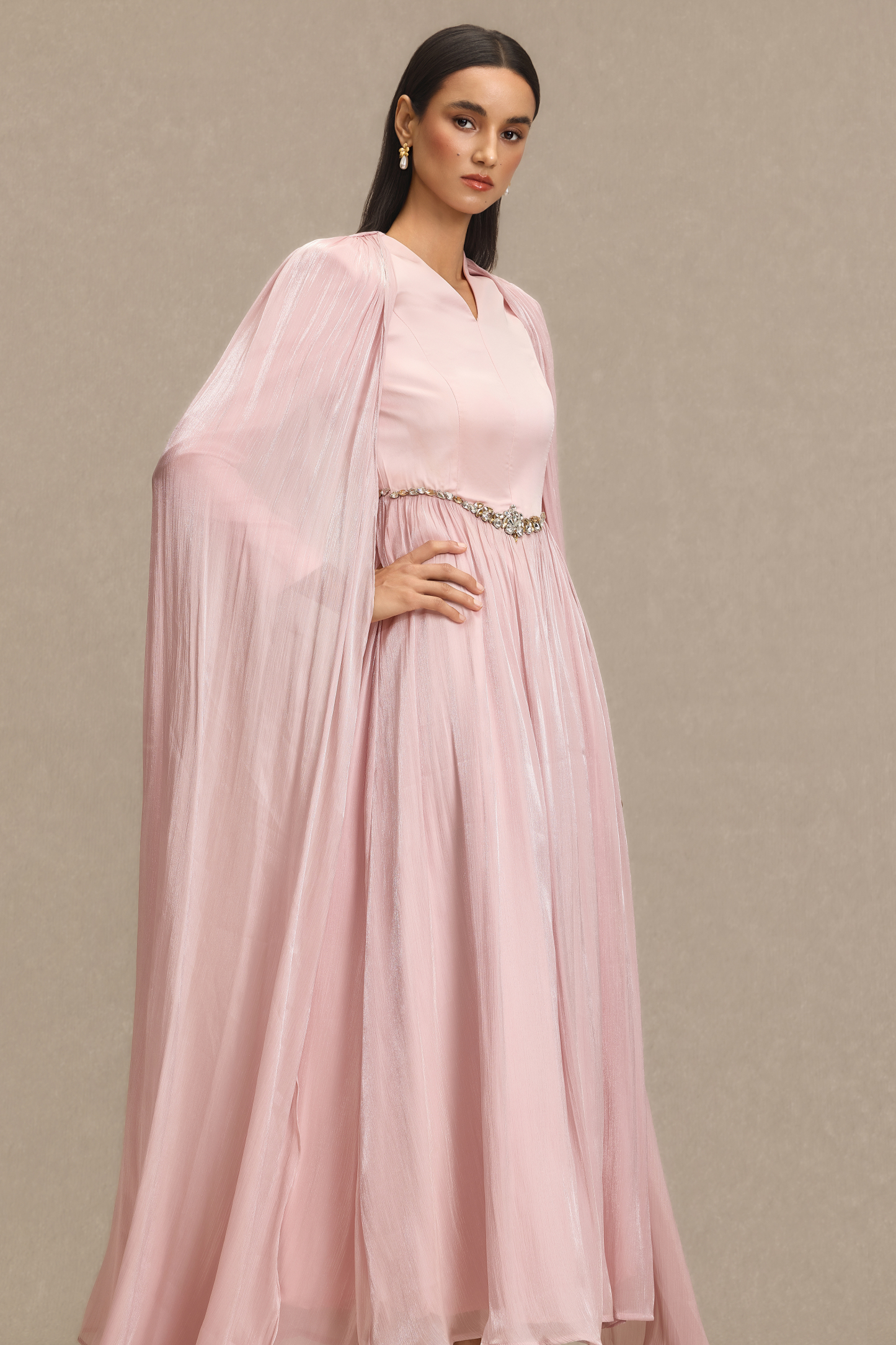 V-Neck Rhinestone Cape Sleeve Maxi Dress