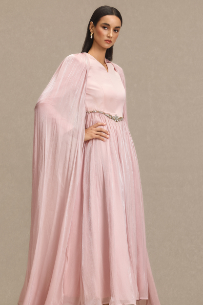 V-Neck Rhinestone Cape Sleeve Maxi Dress