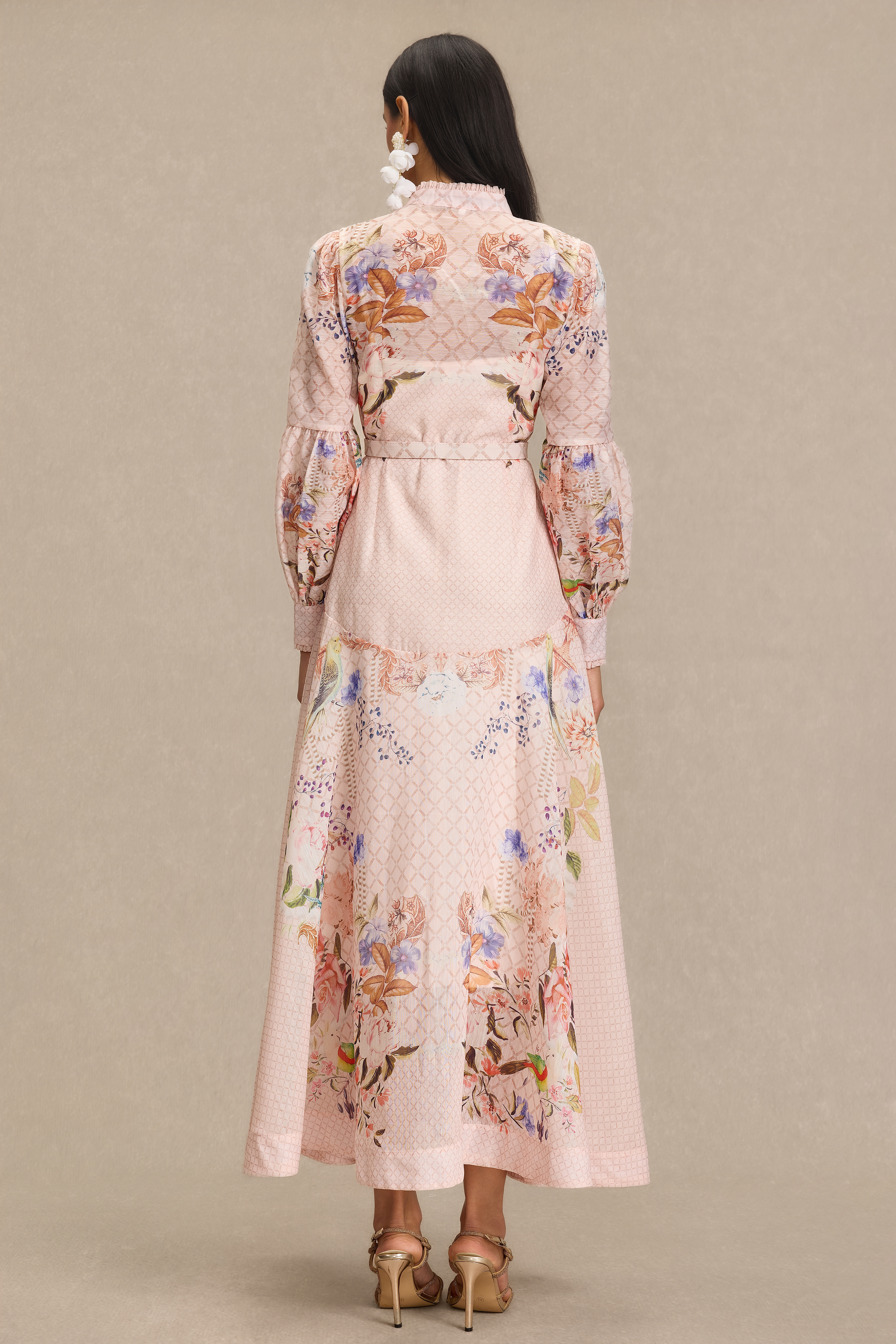 Floral Lantern Sleeve Midi Dress With Belt