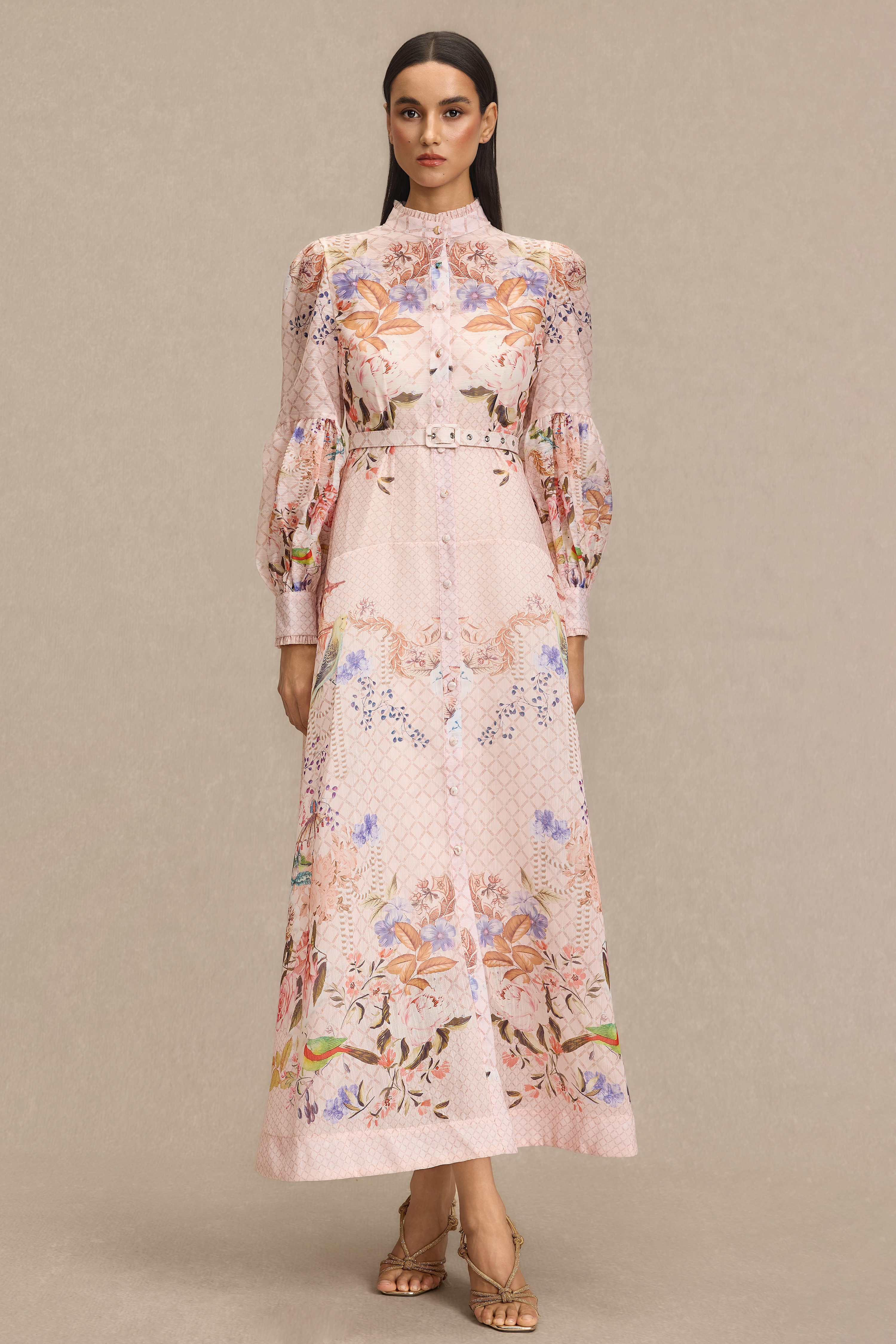 Floral Lantern Sleeve Midi Dress With Belt