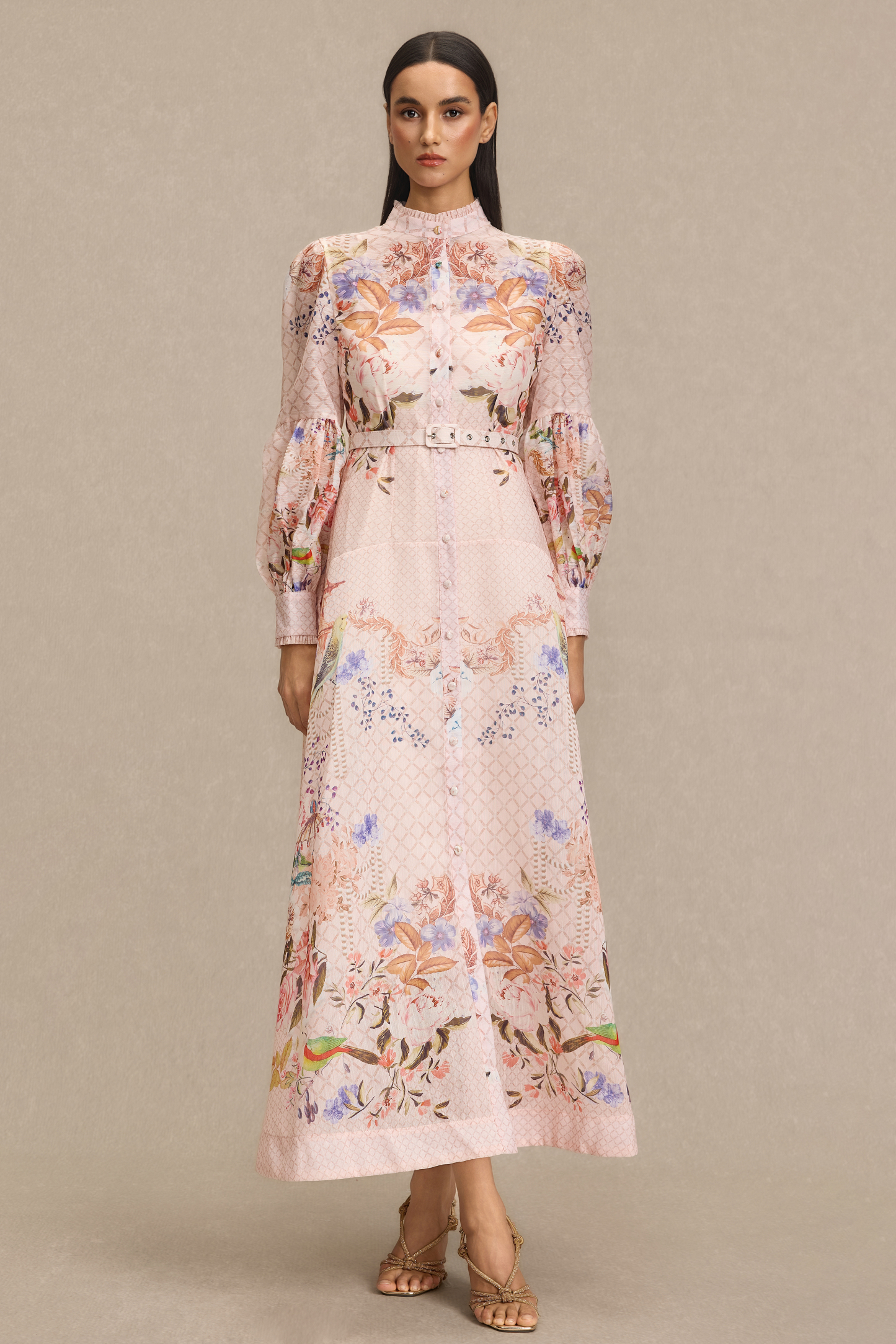 Floral Lantern Sleeve Midi Dress With Belt