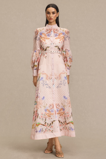 Floral Lantern Sleeve Midi Dress With Belt