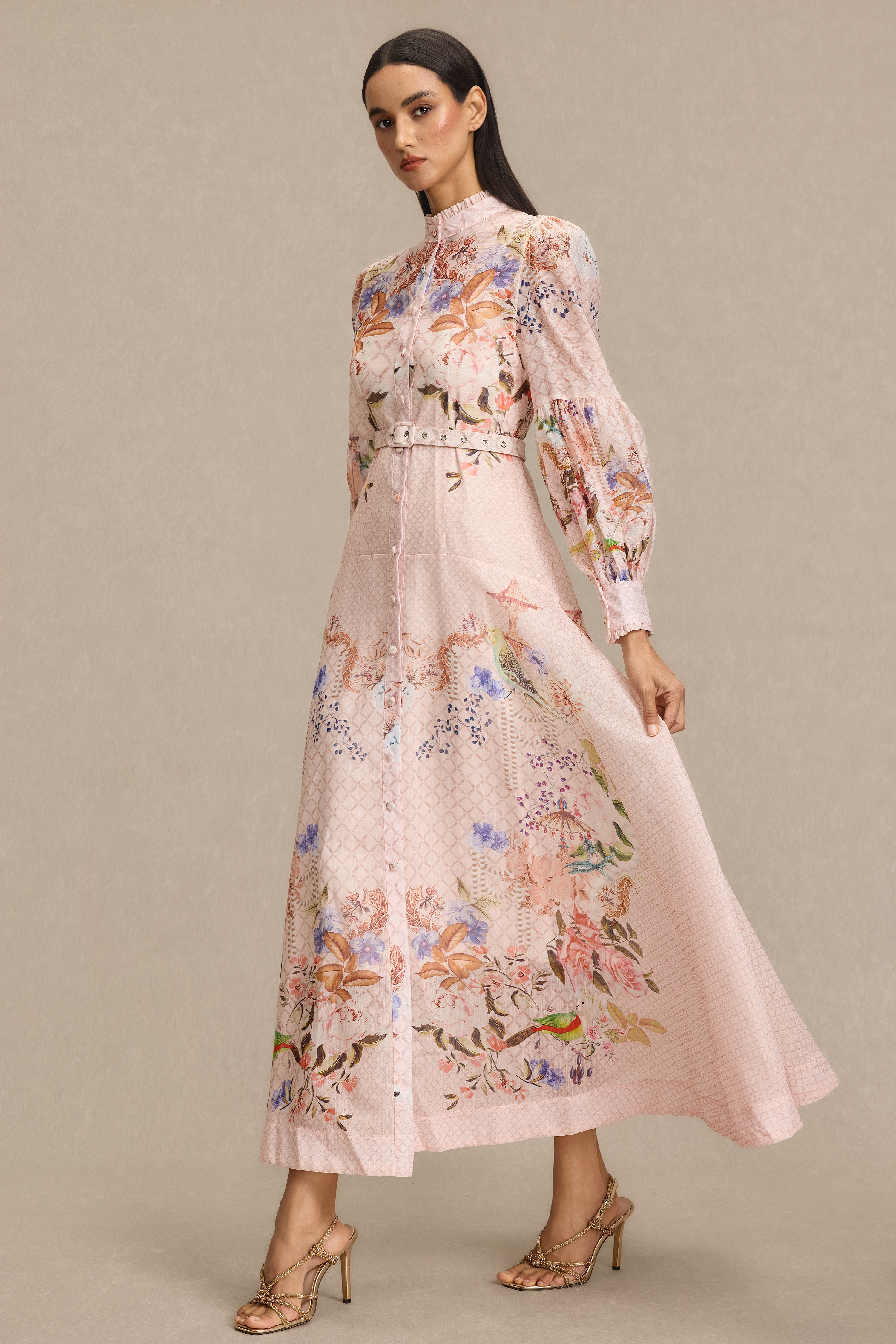 Floral Lantern Sleeve Midi Dress With Belt