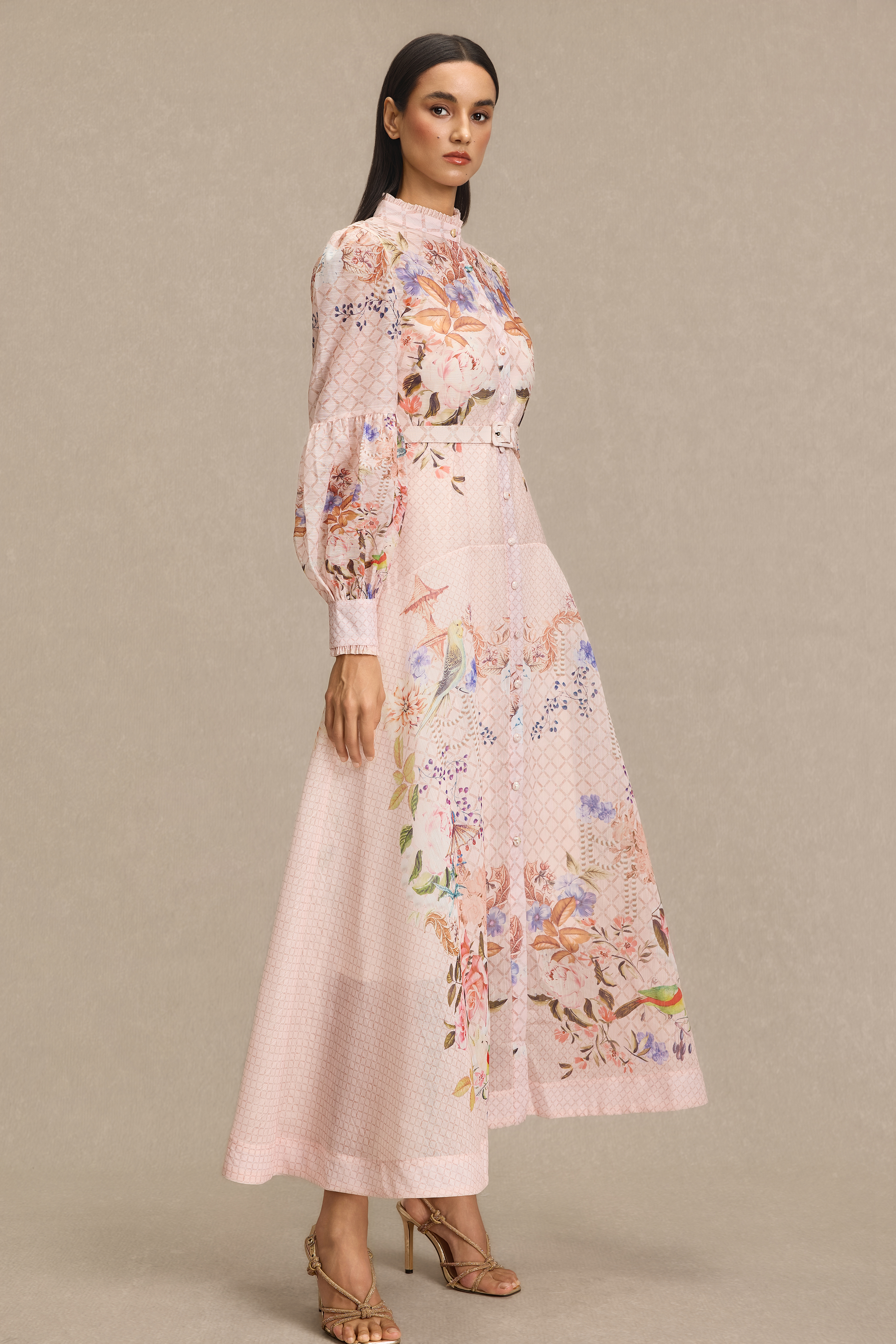 Floral Lantern Sleeve Midi Dress With Belt