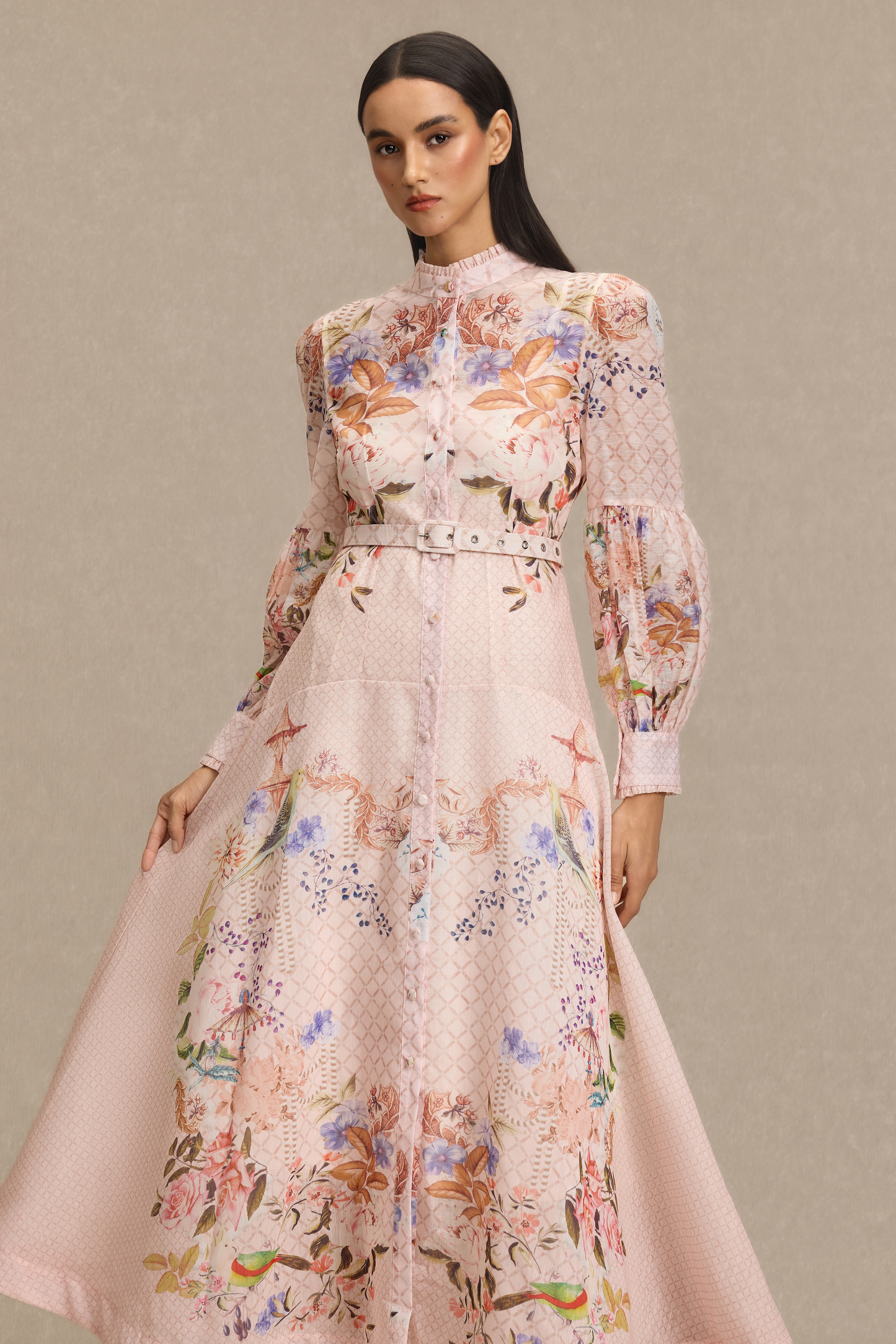 Floral Lantern Sleeve Midi Dress With Belt
