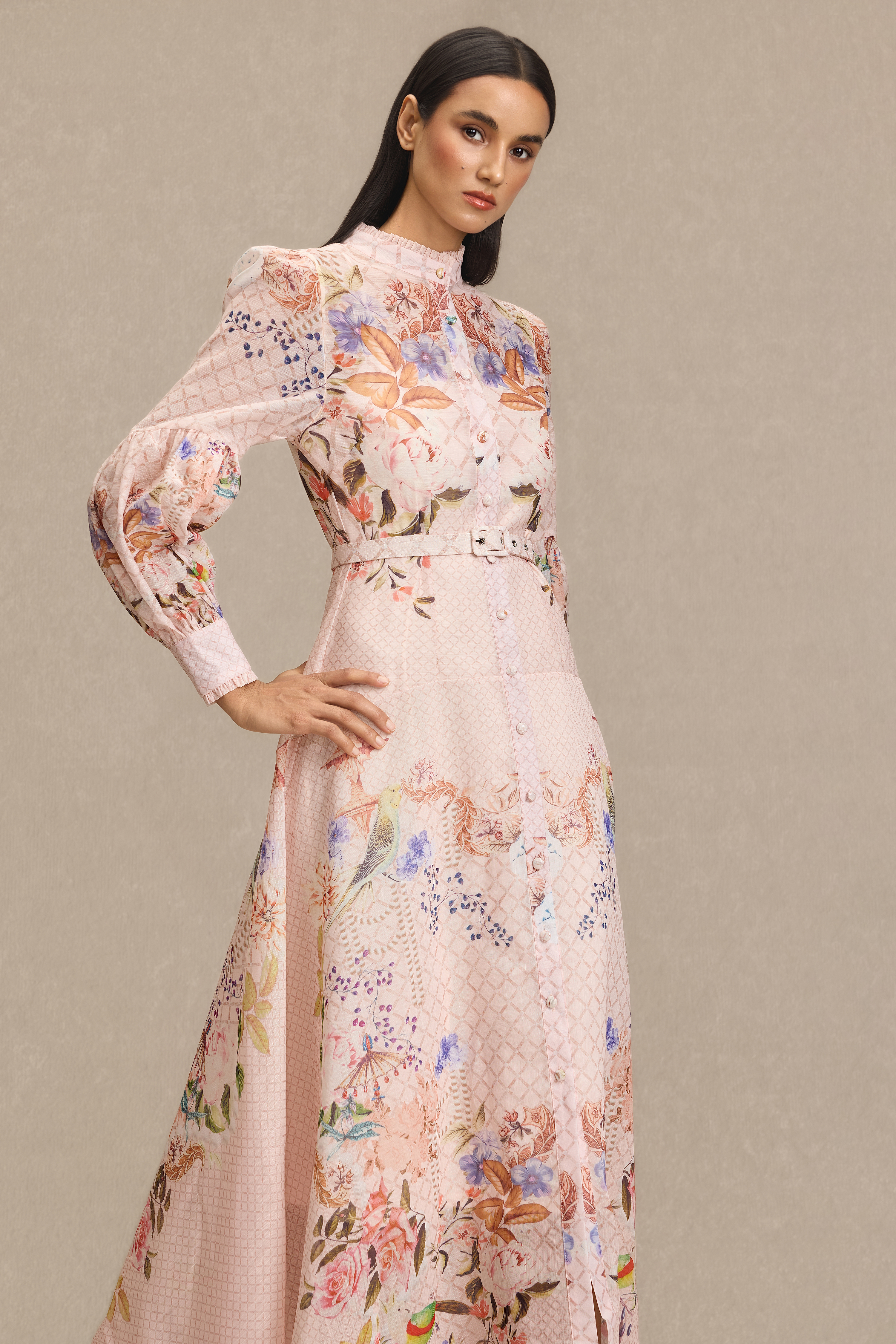 Floral Lantern Sleeve Midi Dress With Belt