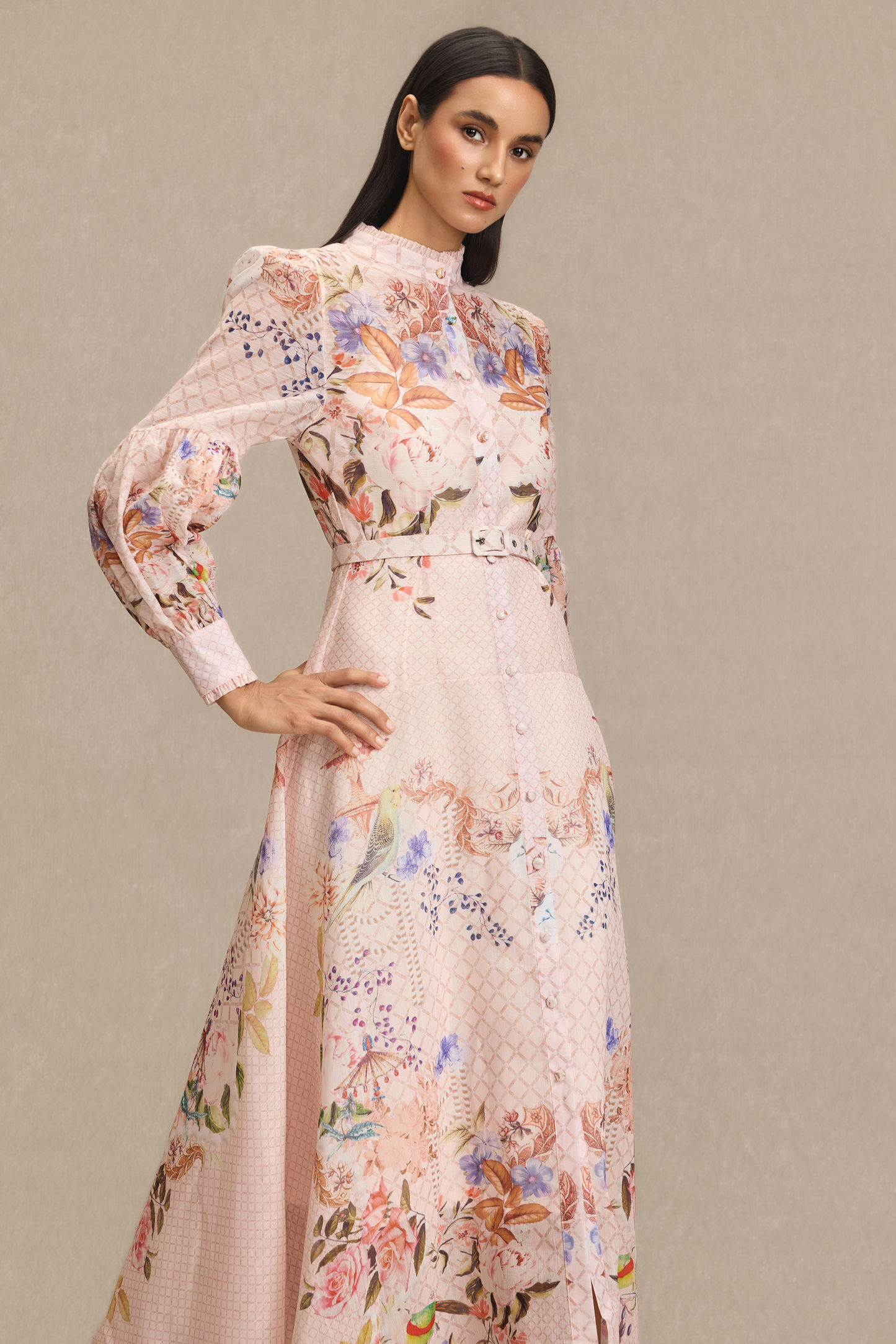 Floral Lantern Sleeve Midi Dress With Belt
