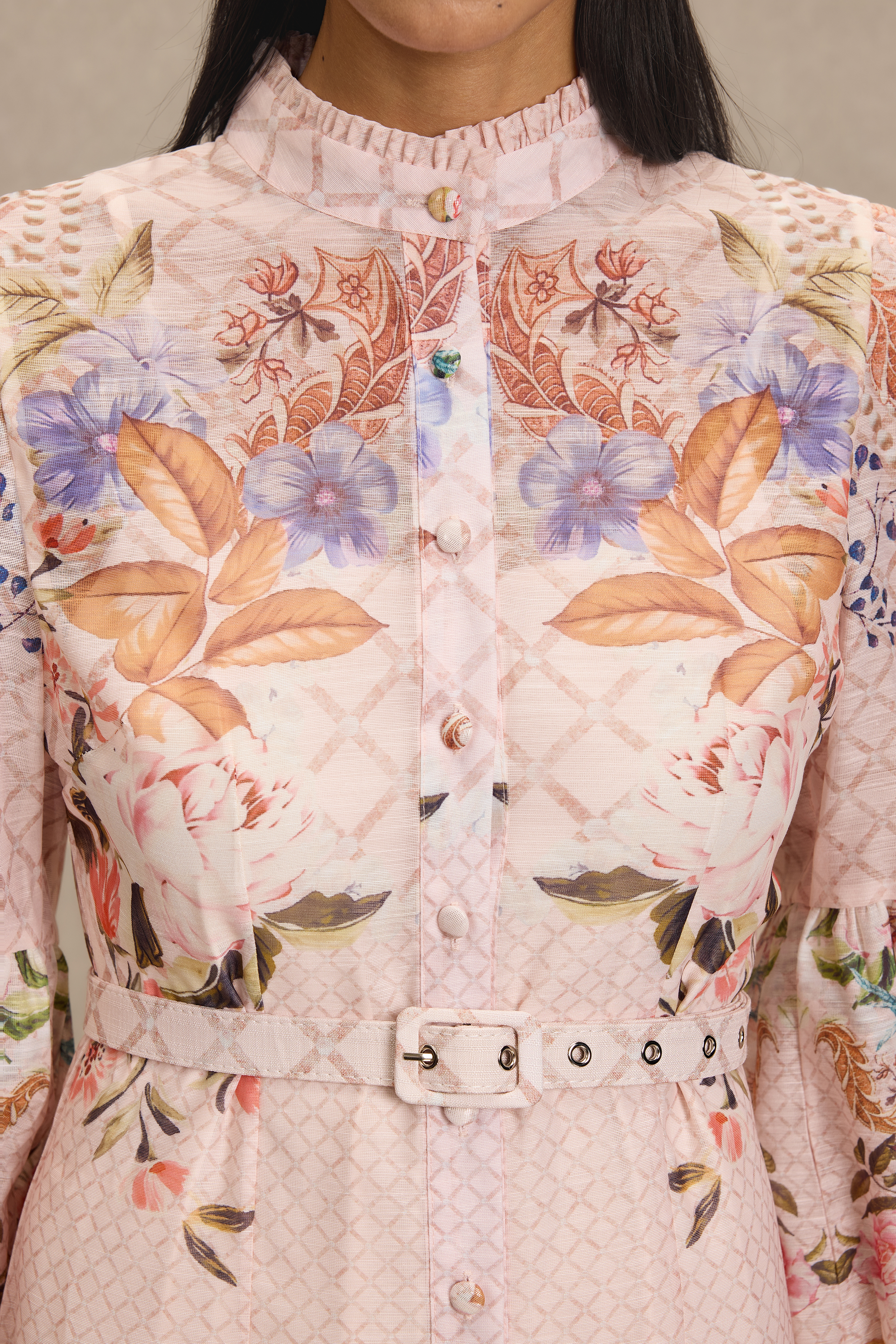 Floral Lantern Sleeve Midi Dress With Belt