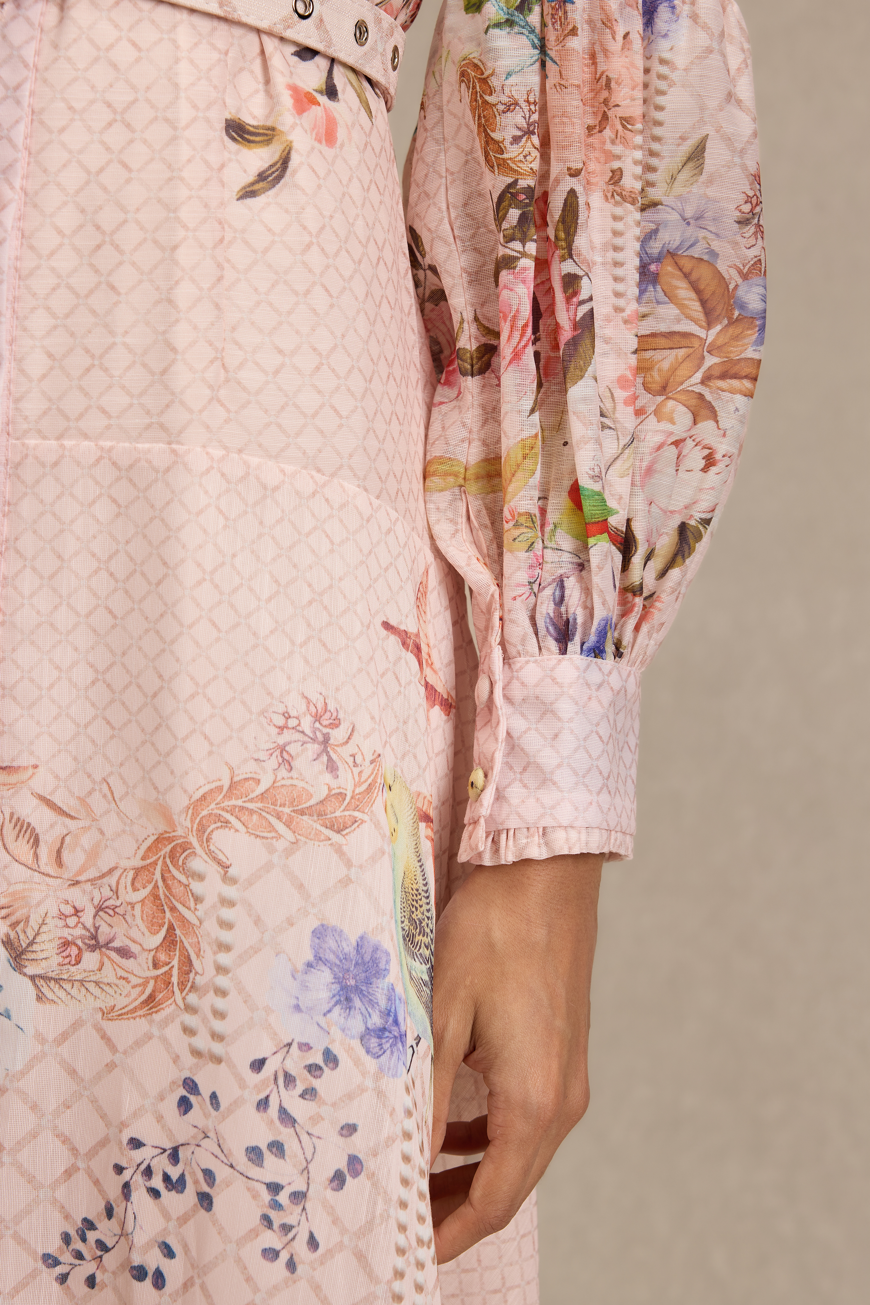 Floral Lantern Sleeve Midi Dress With Belt