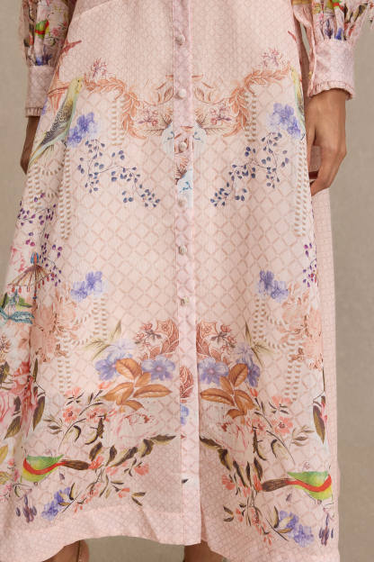 Floral Lantern Sleeve Midi Dress With Belt