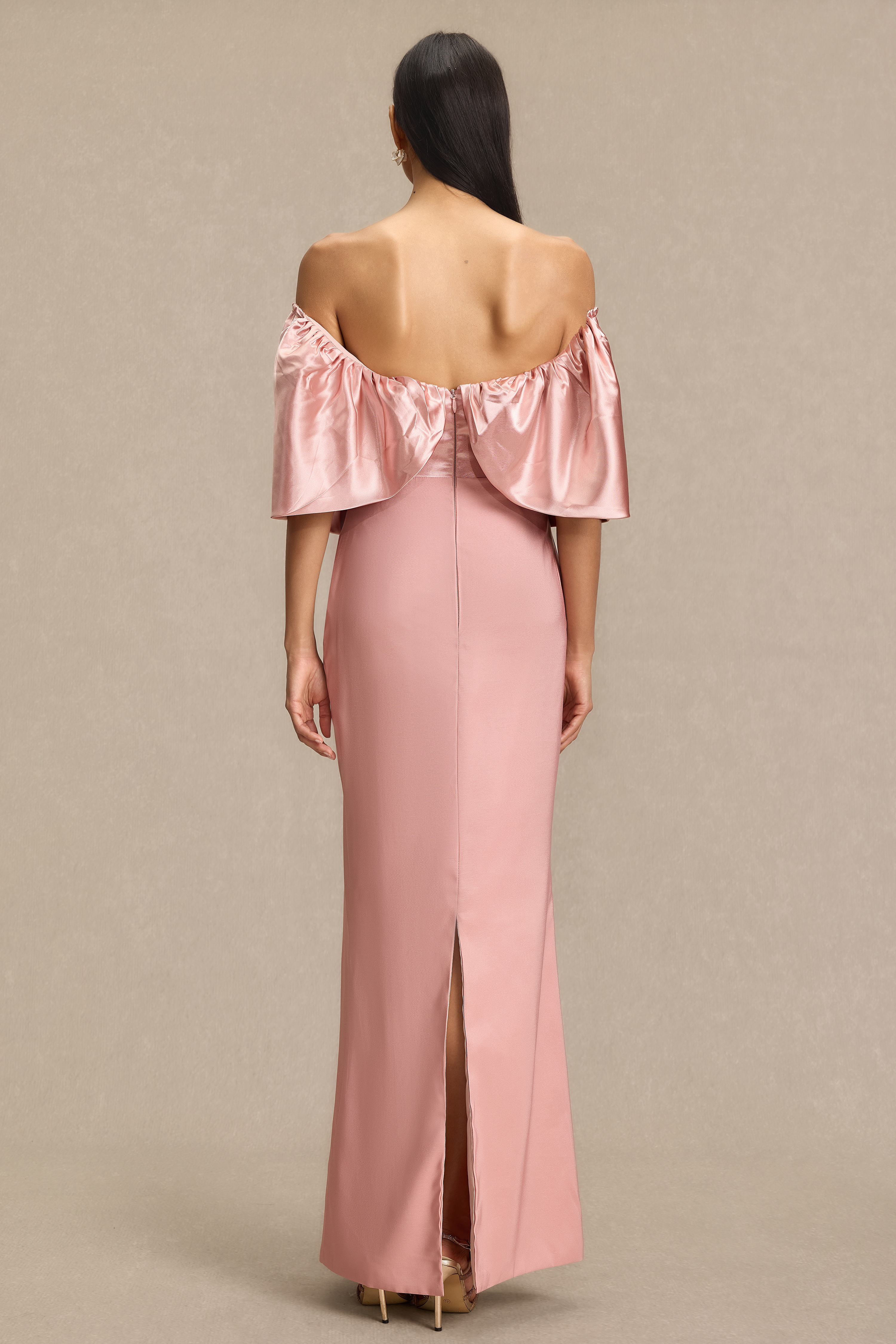 Satin Off Shoulder Pleated Maxi Dress