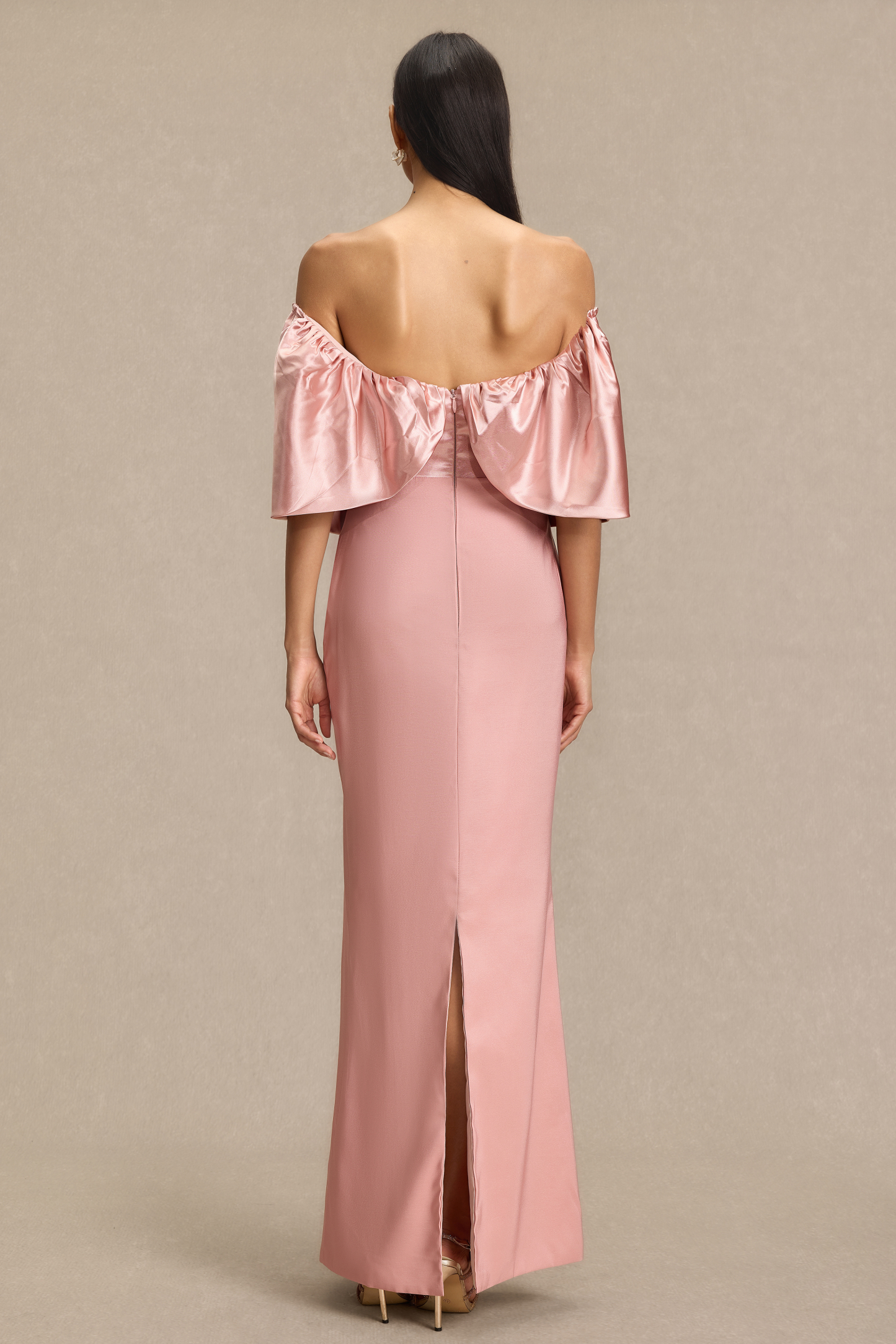 Satin Off Shoulder Pleated Maxi Dress
