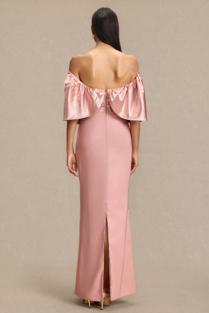 Satin Off Shoulder Pleated Maxi Dress