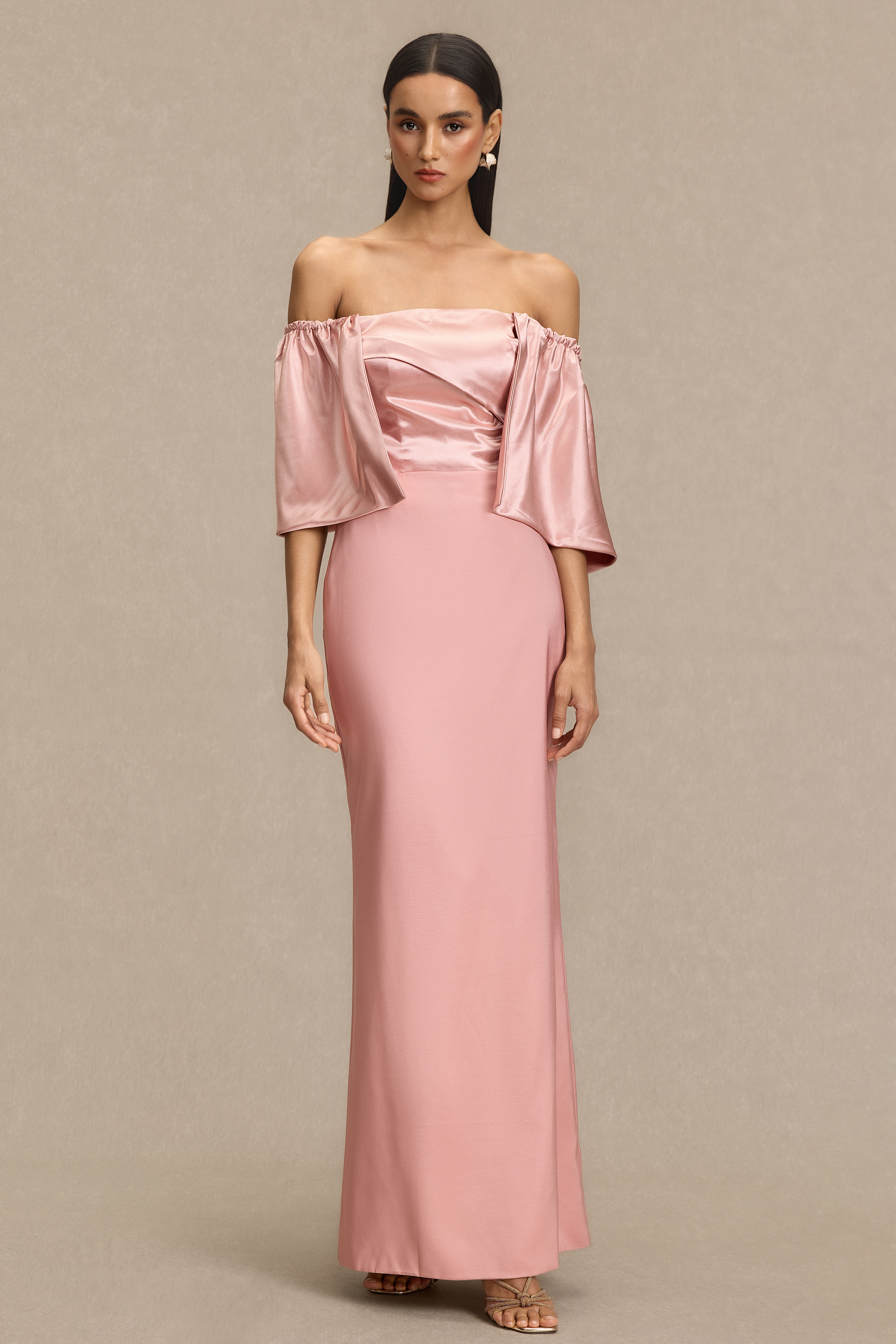 Satin Off Shoulder Pleated Maxi Dress