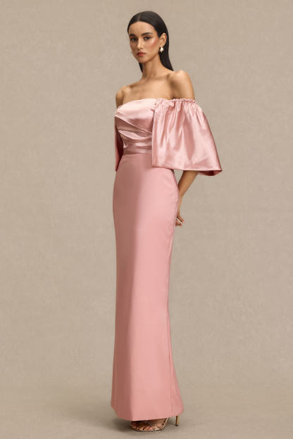 Satin Off Shoulder Pleated Maxi Dress