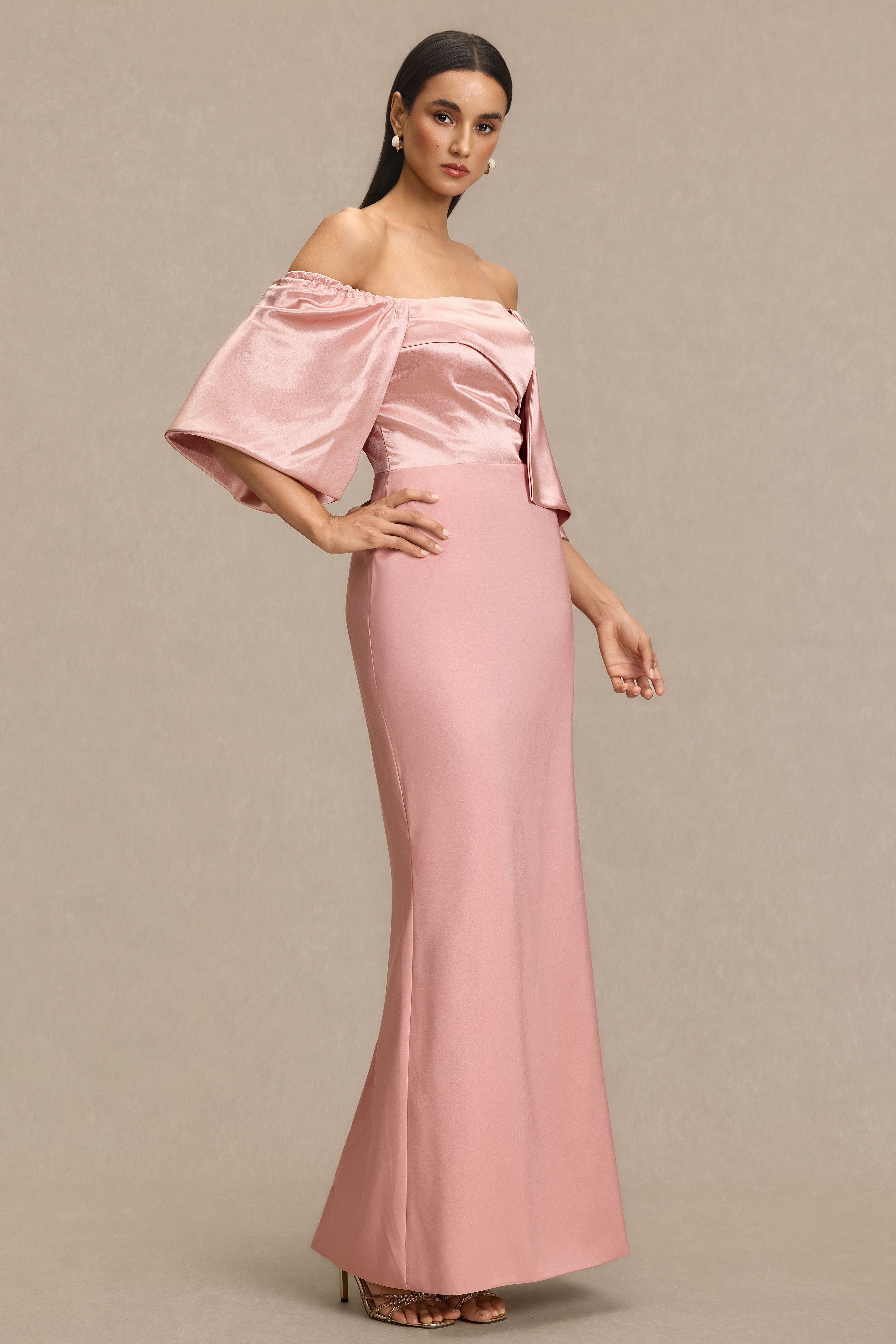 Satin Off Shoulder Pleated Maxi Dress
