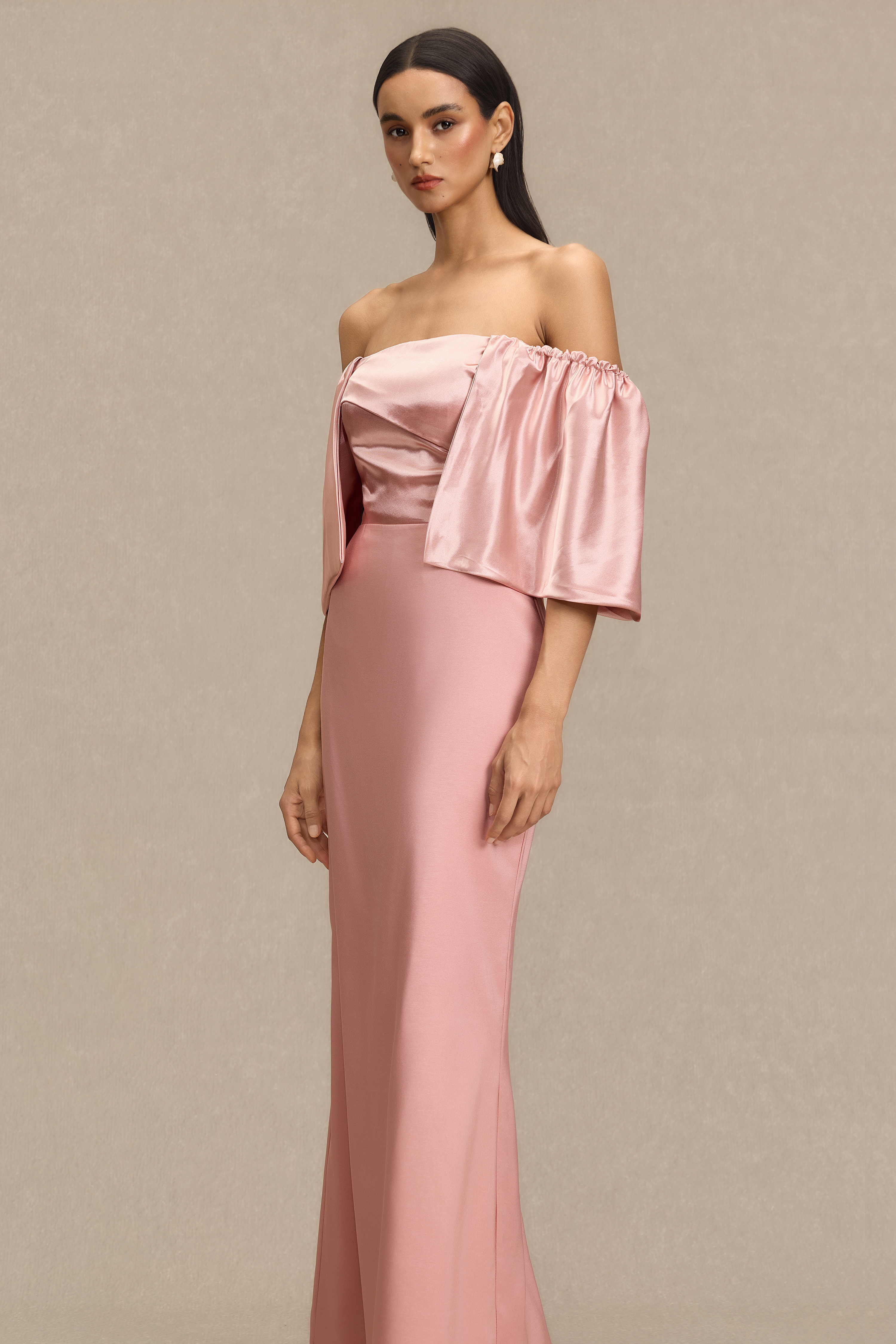 Satin Off Shoulder Pleated Maxi Dress