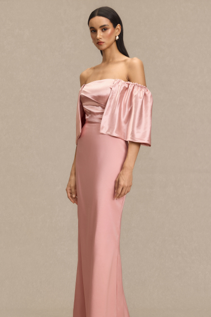 Satin Off Shoulder Pleated Maxi Dress