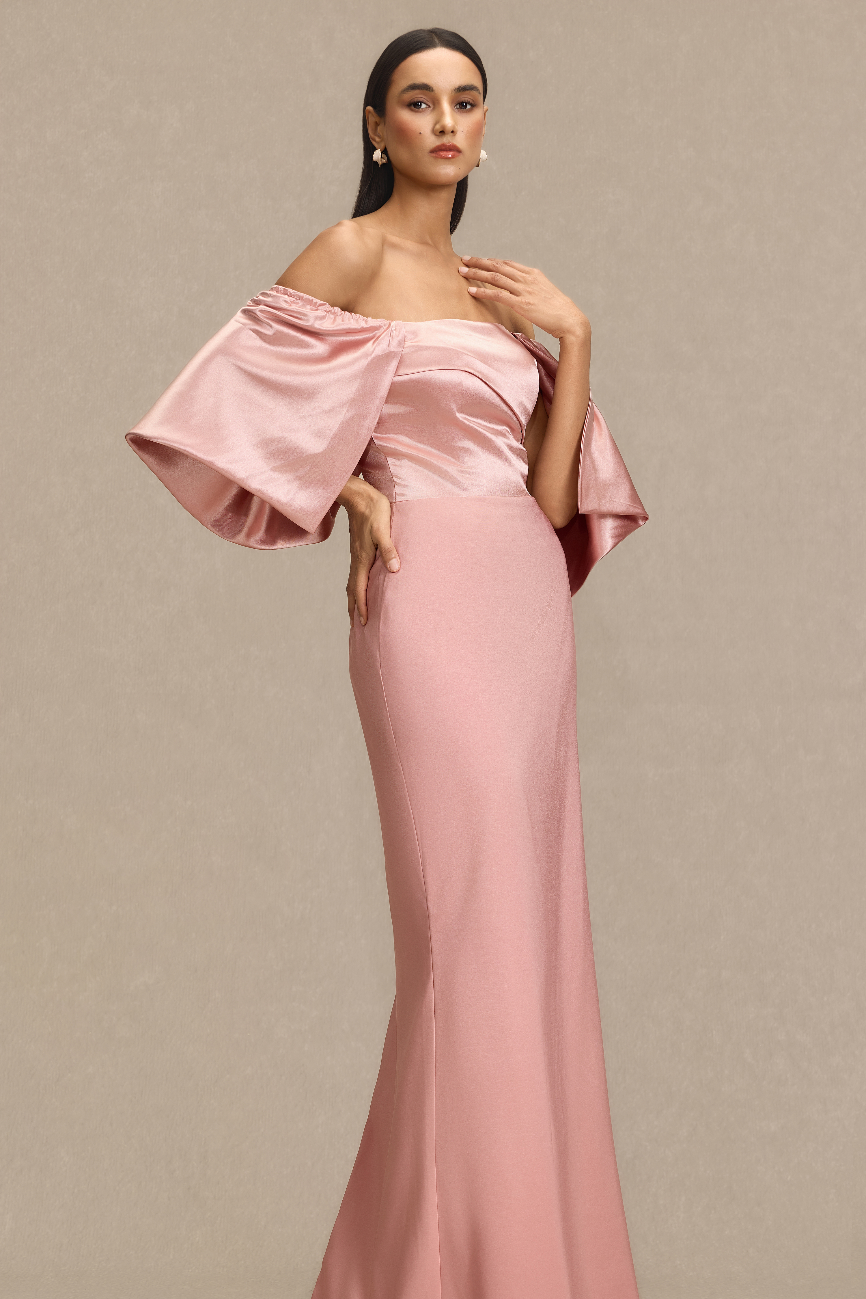Satin Off Shoulder Pleated Maxi Dress