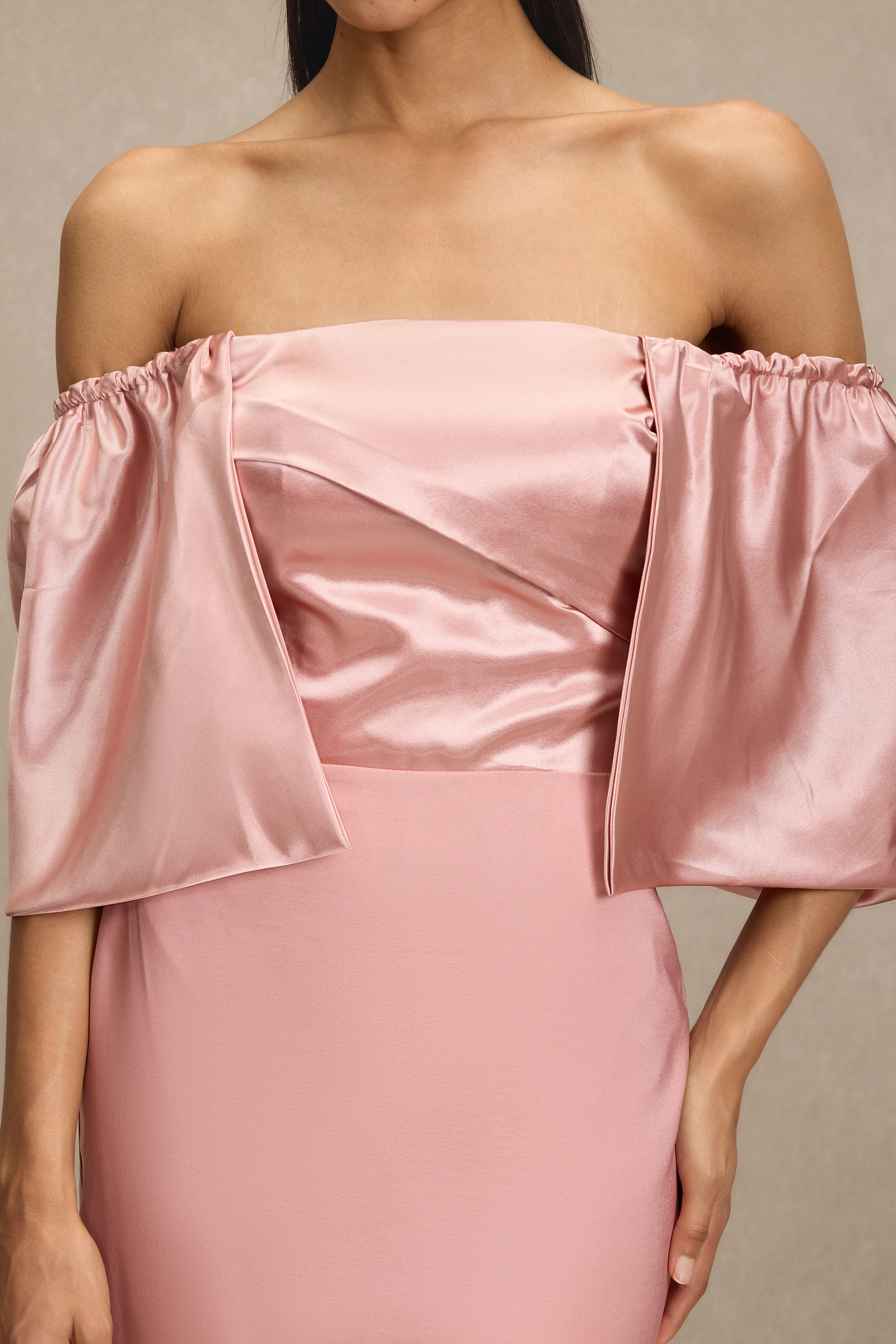 Satin Off Shoulder Pleated Maxi Dress