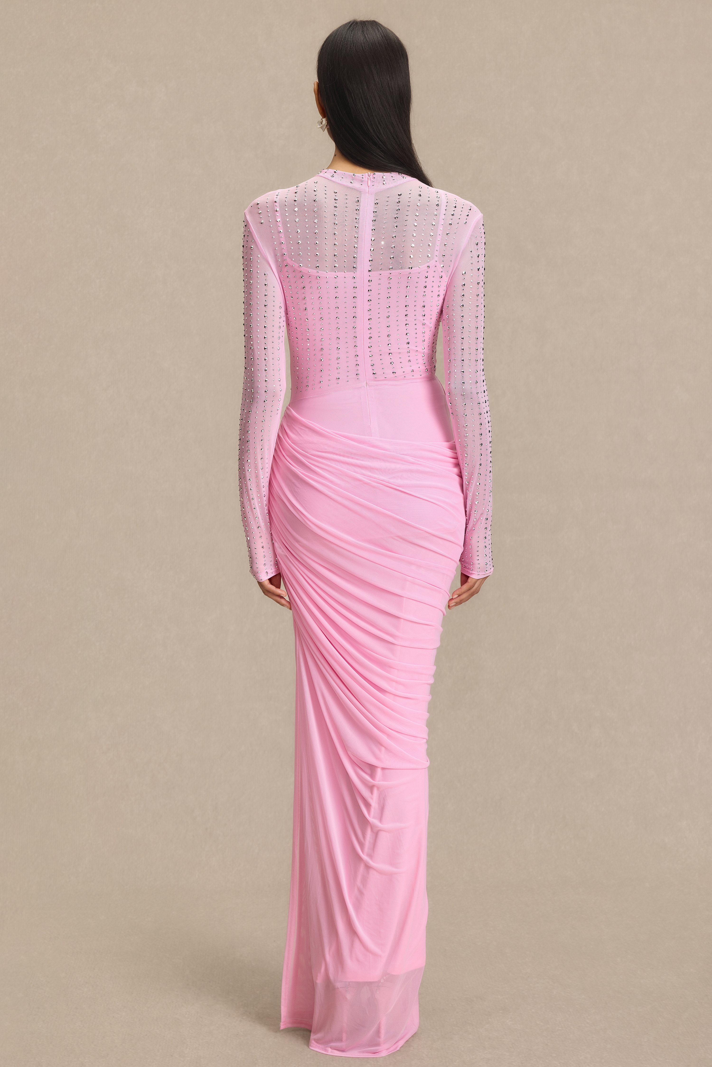 Mesh Rhinestone Gathering Maxi Dress