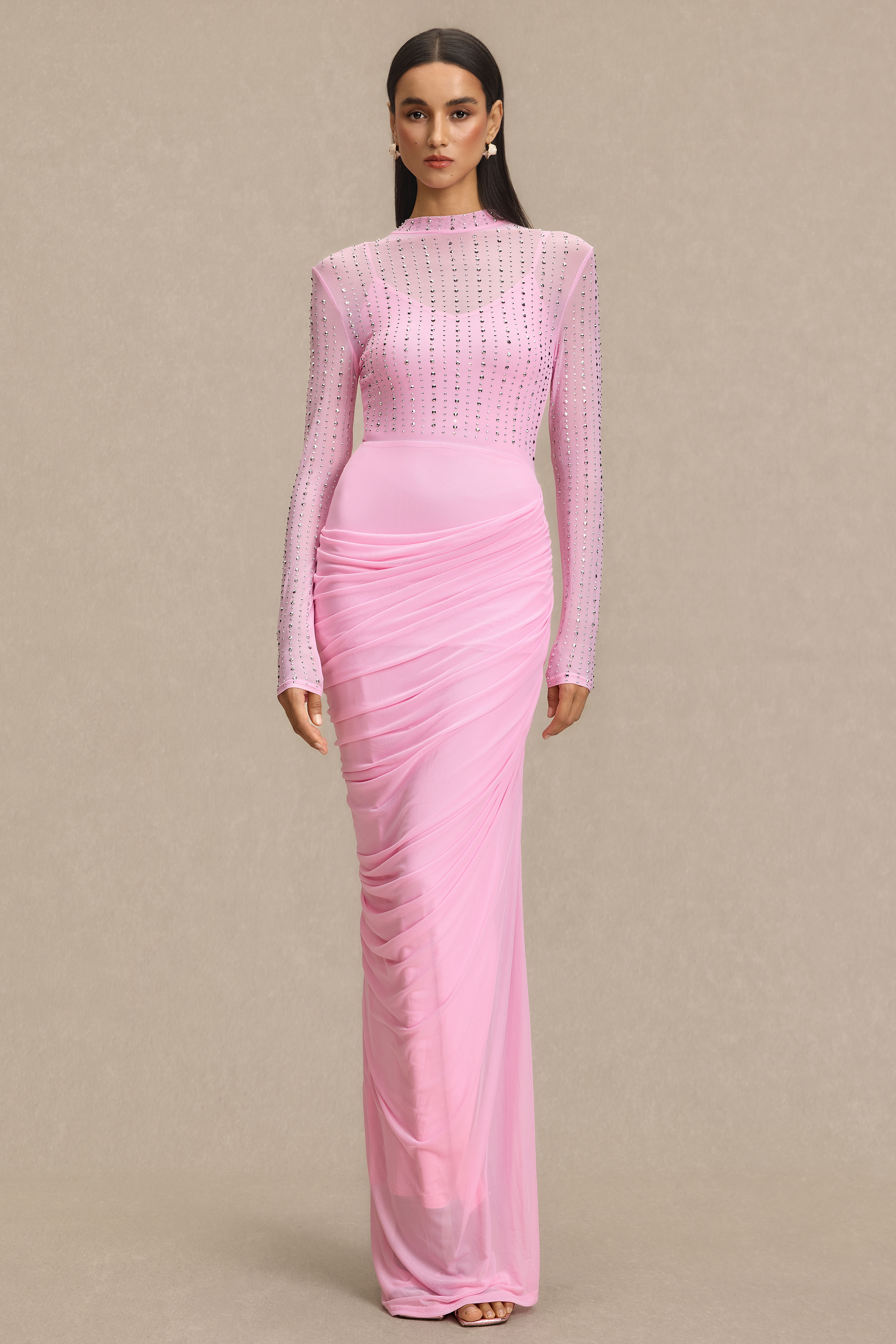 Mesh Rhinestone Gathering Maxi Dress