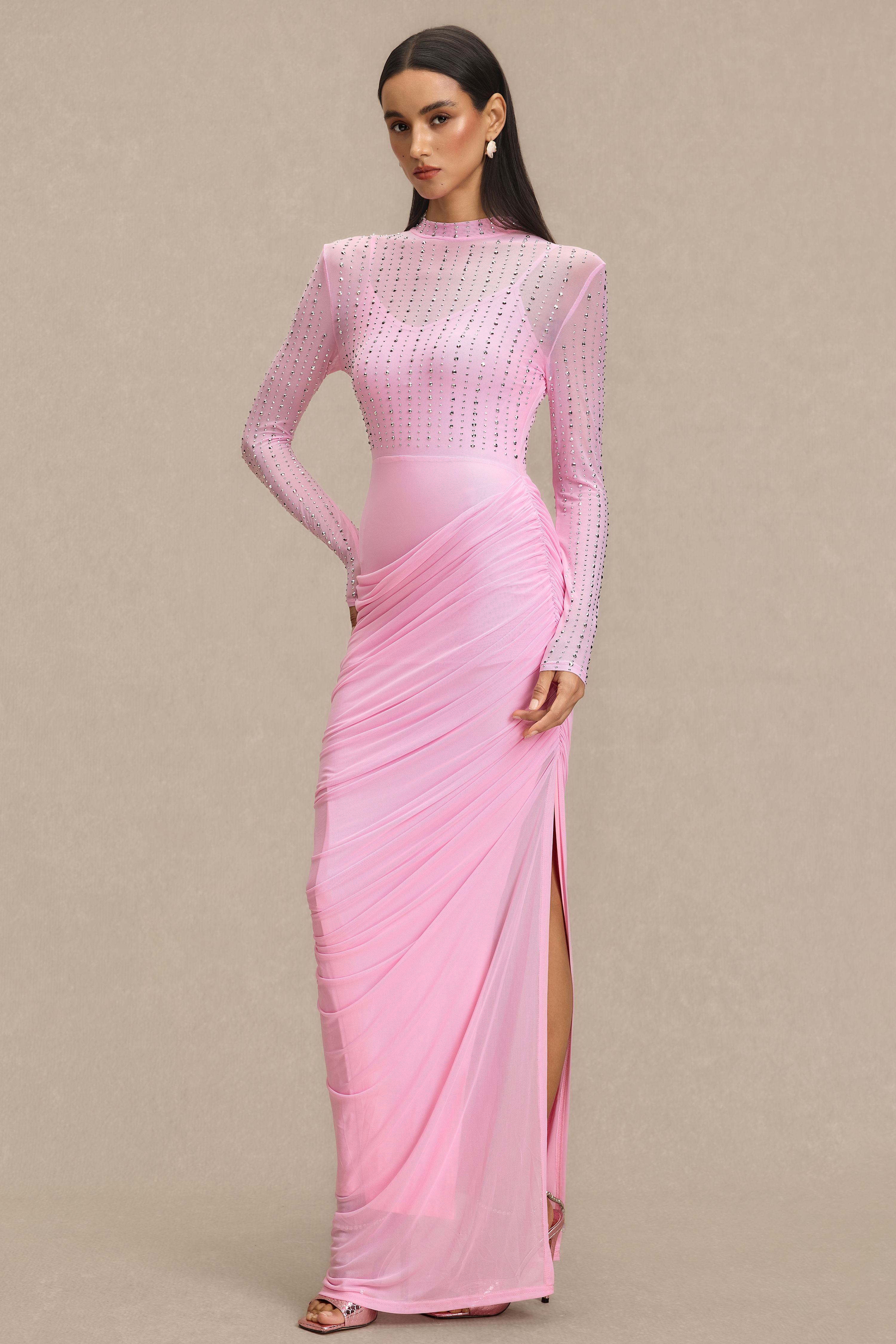 Mesh Rhinestone Gathering Maxi Dress