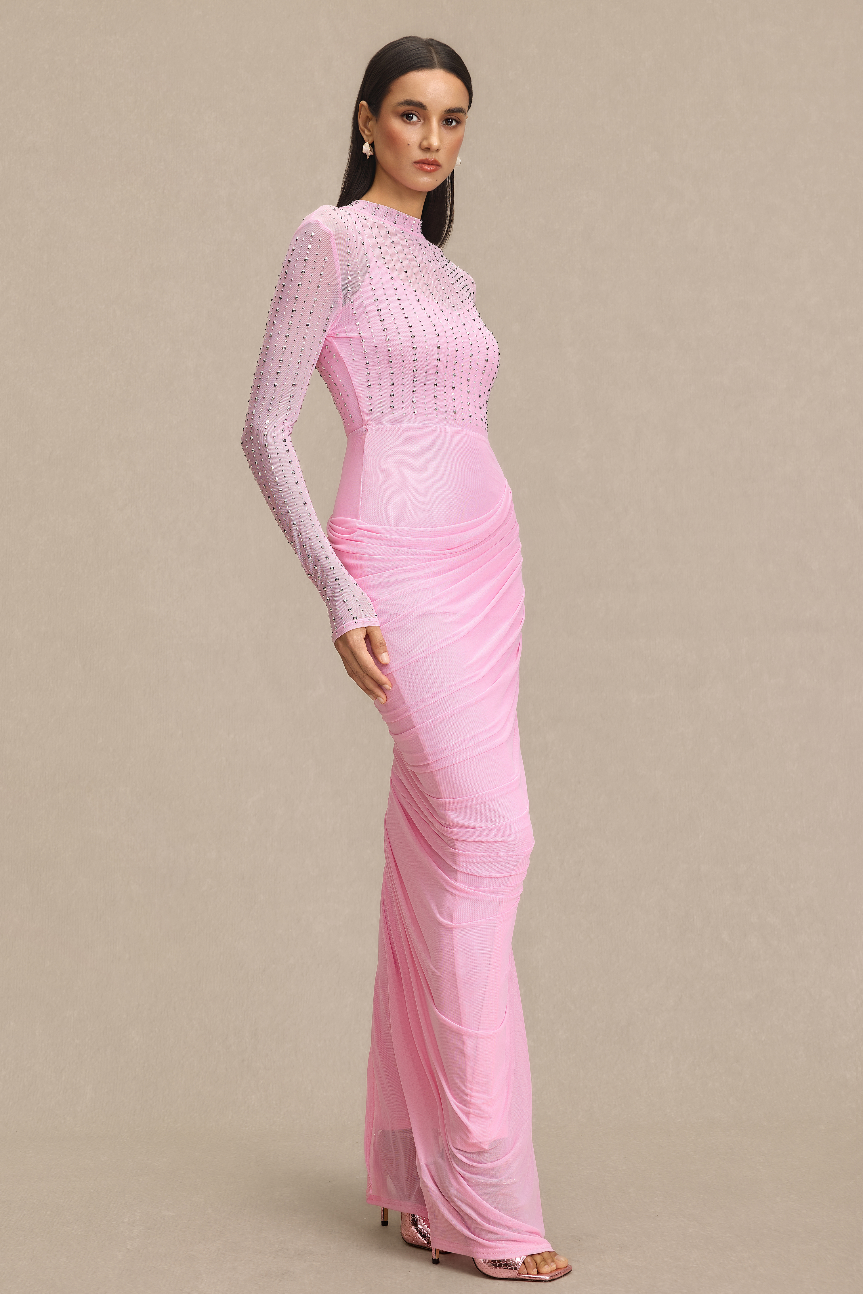 Mesh Rhinestone Gathering Maxi Dress