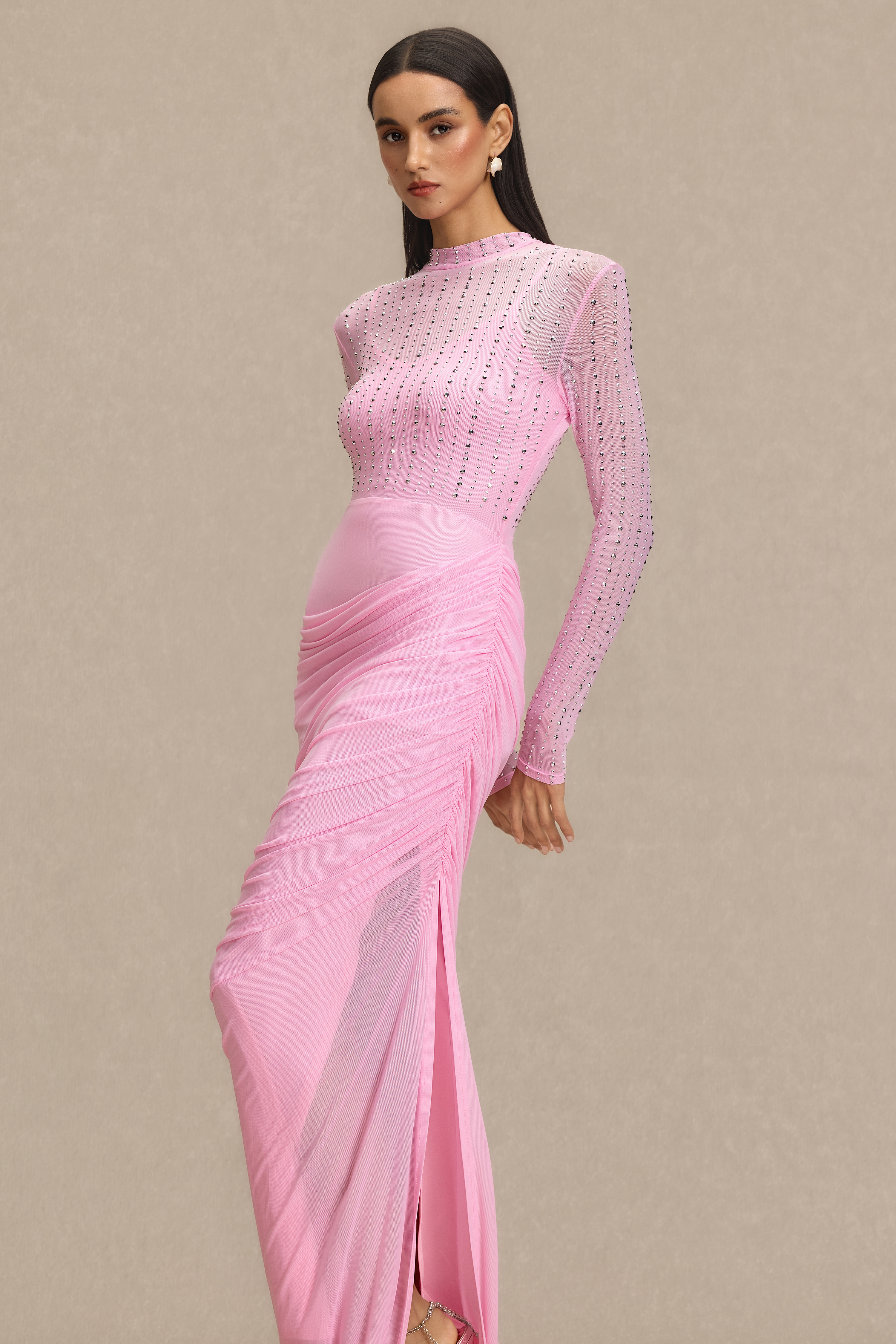 Mesh Rhinestone Gathering Maxi Dress